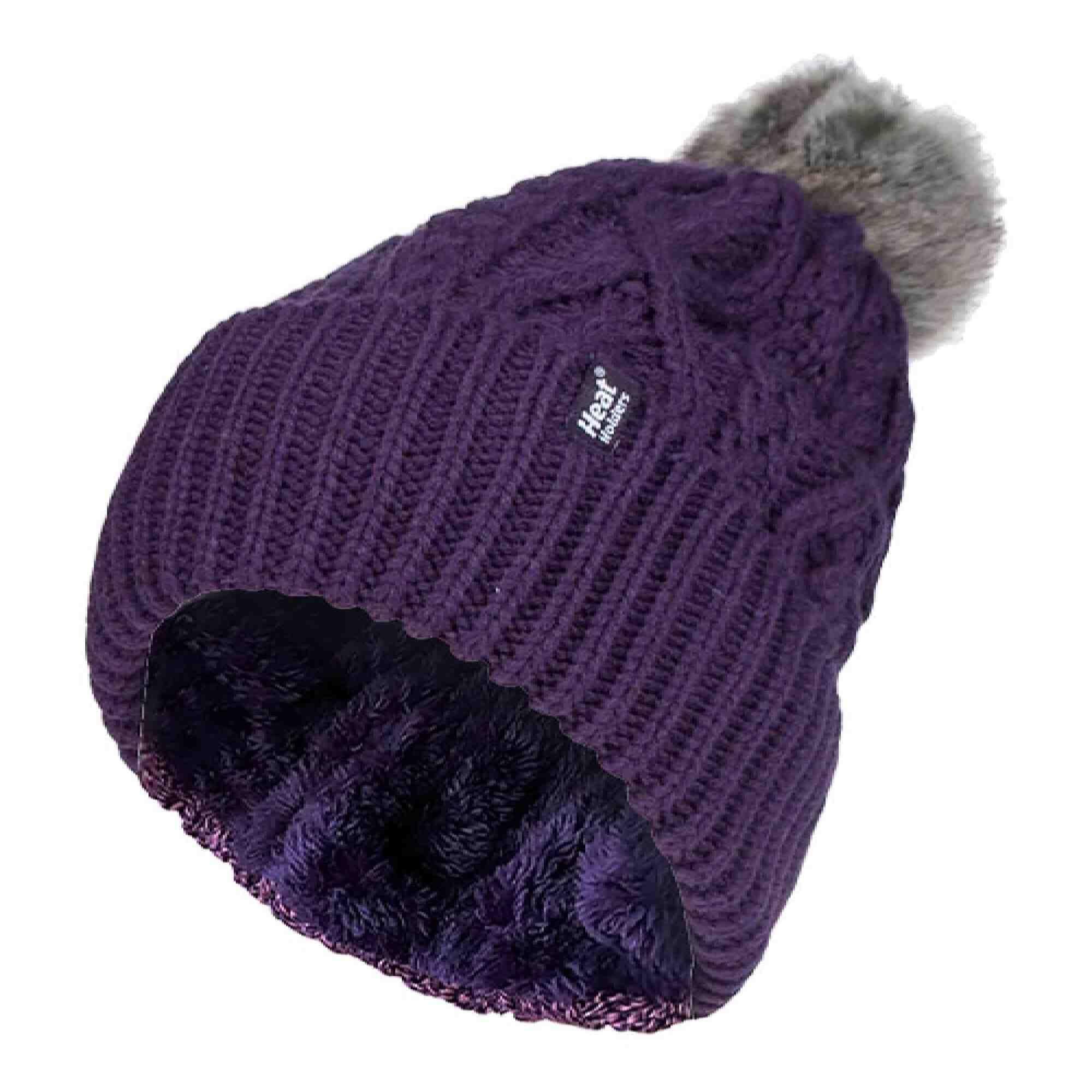 HEAT HOLDERS Ladies Ribbed Cuffed Pom Pom Bobble Beanie Hat with Fleece Lining