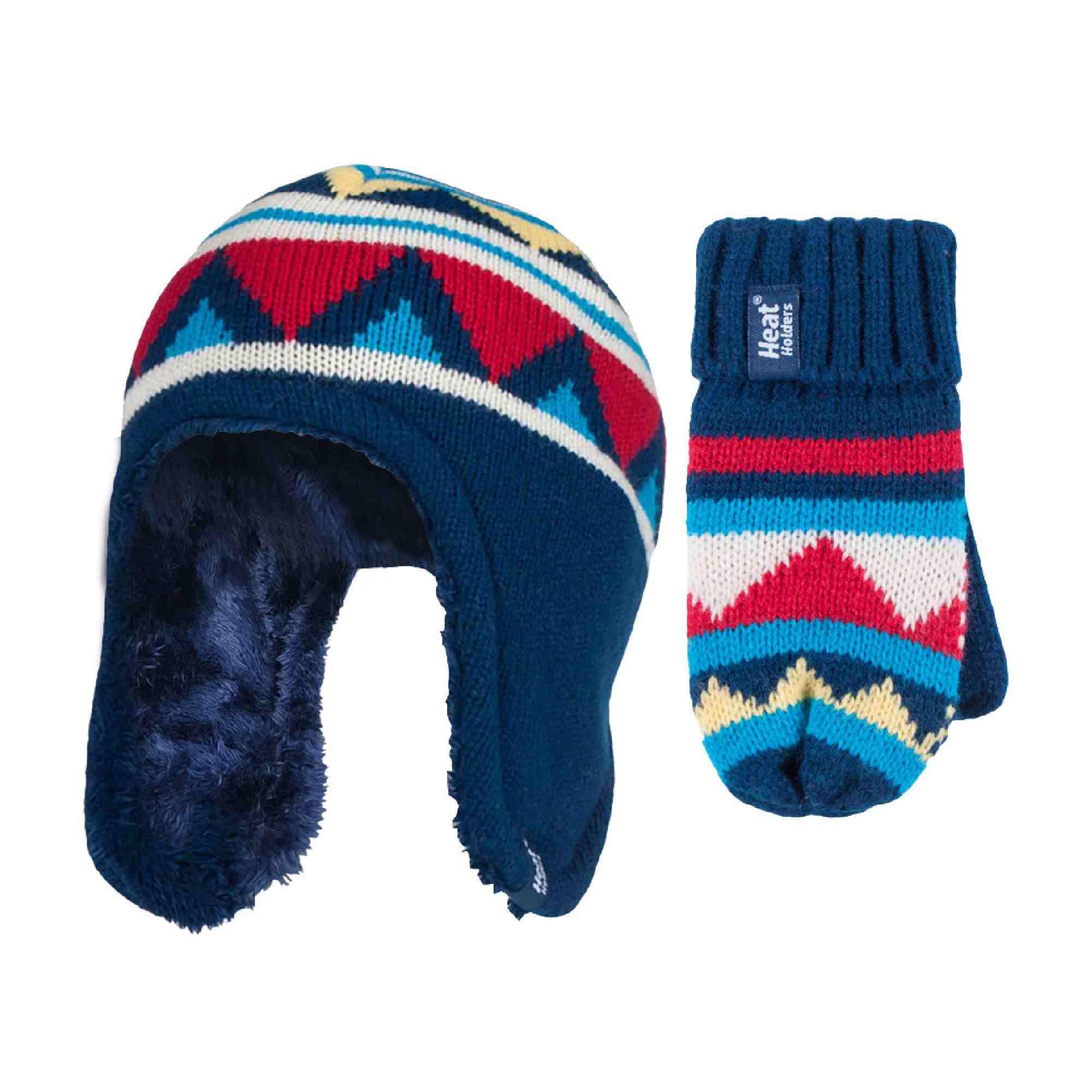 Childrens Winter Warm Fleece Lined Thermal Hat and Mittens Set with Ear Flaps 1/6