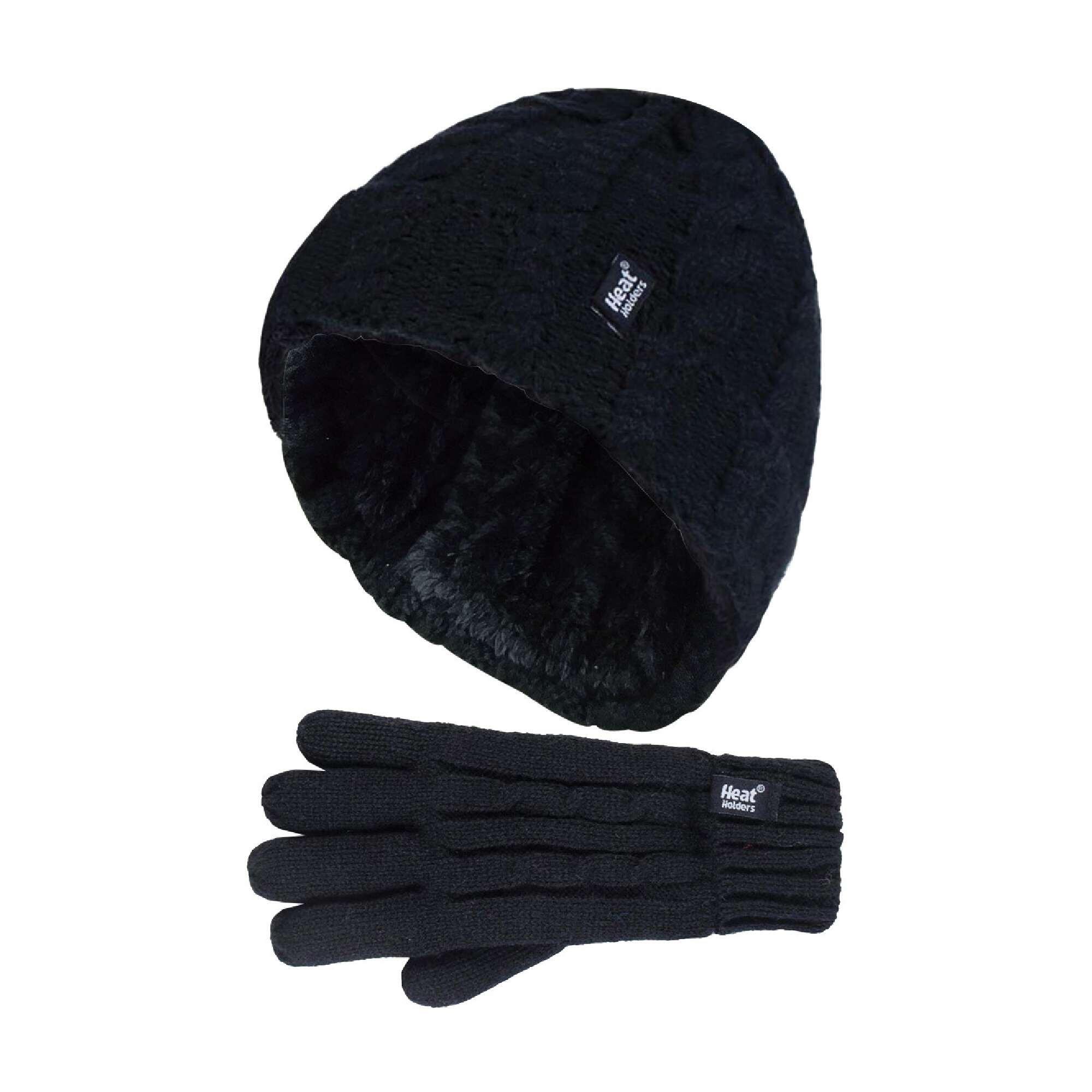 HEAT HOLDERS Kids Girls Cable Knitted Warm Fleece Lined Winter Hat and Gloves Set with Bobble