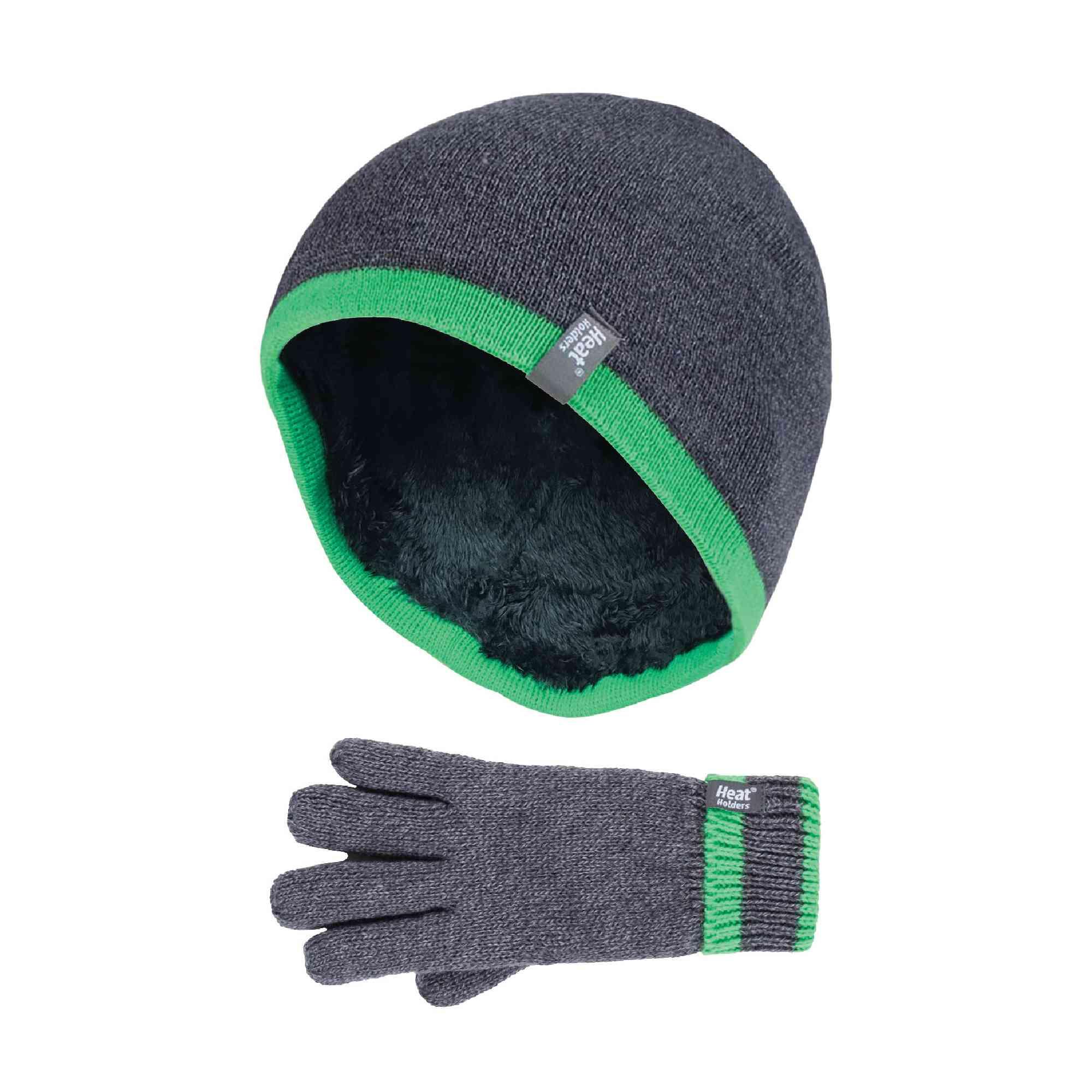 HEAT HOLDERS Children Winter Warm Fleece Lined Knit Turn Over Cuff Ribbed Hat and Gloves Set