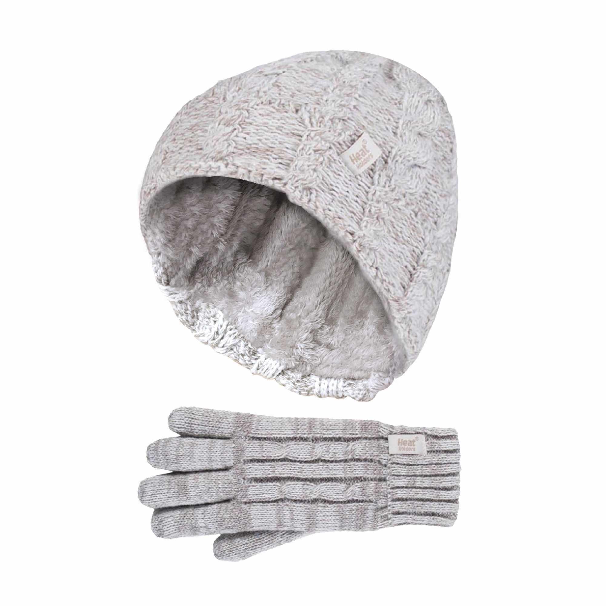 HEAT HOLDERS Kids Girls Cable Knitted Warm Fleece Lined Winter Hat and Gloves Set with Bobble