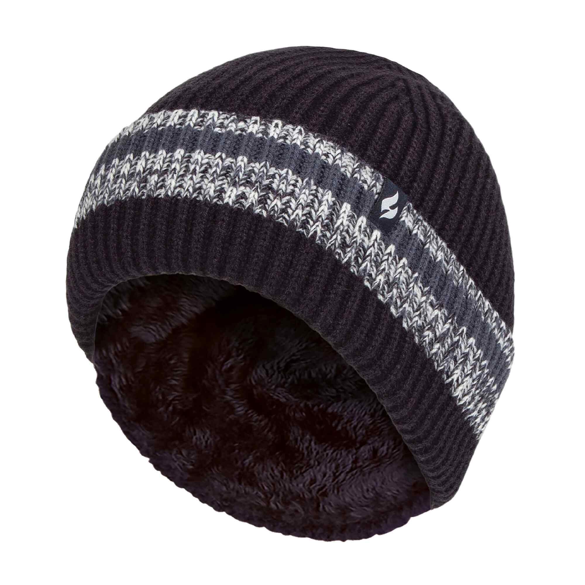 HEAT HOLDERS Mens Striped Turnover Cuff Knitted Thermal Beanie Hat for Winter