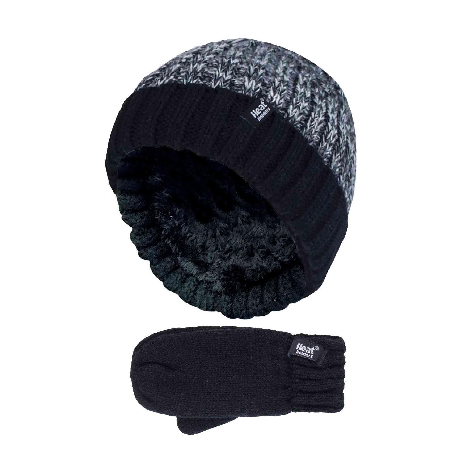 HEAT HOLDERS Kids Boys Winter Knitted Thermal Fleece Lined Cuffed Beanie Hat and Mittens Set