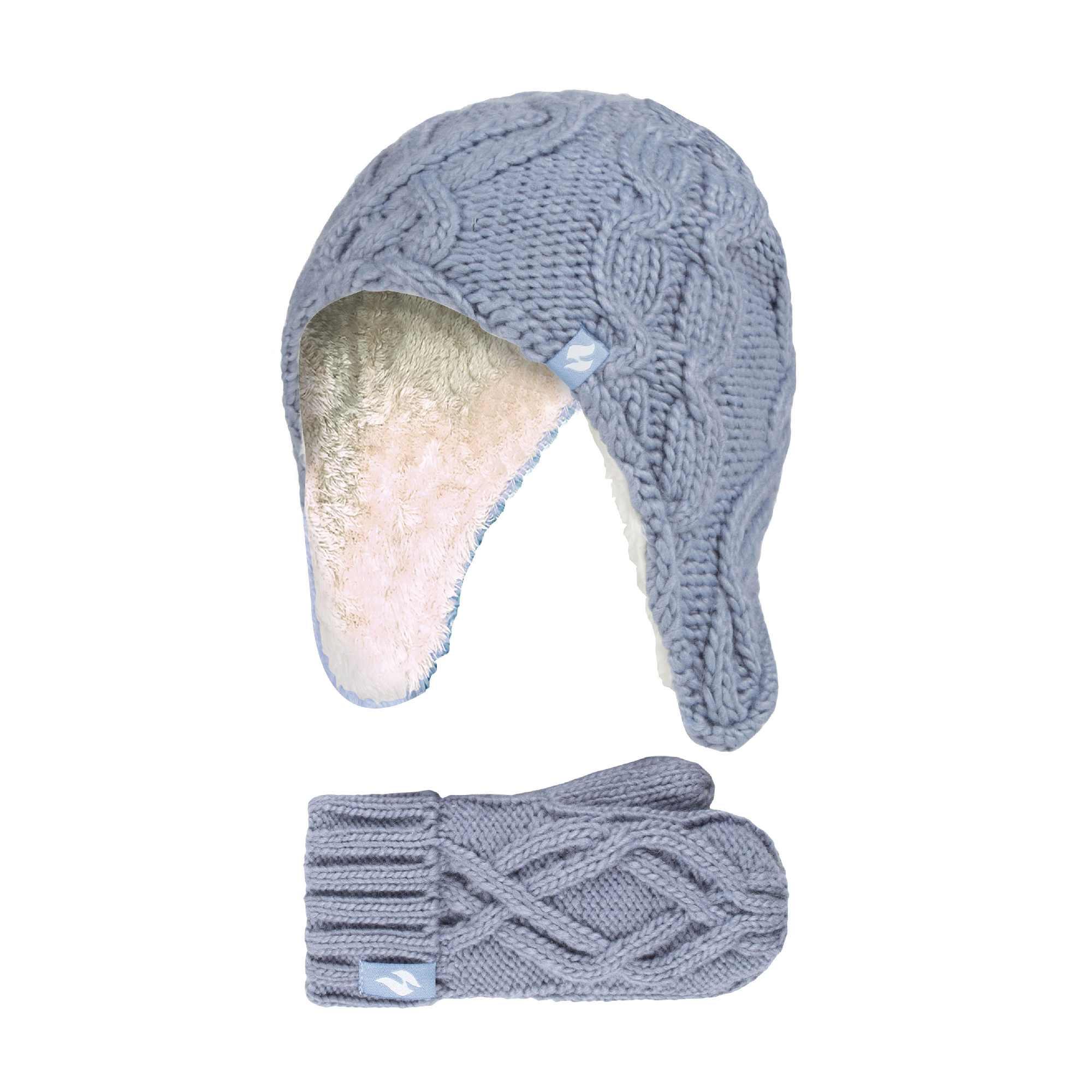 HEAT HOLDERS Girls Cable Knitted Design Bobble Trapper Hat and Mittens Set
