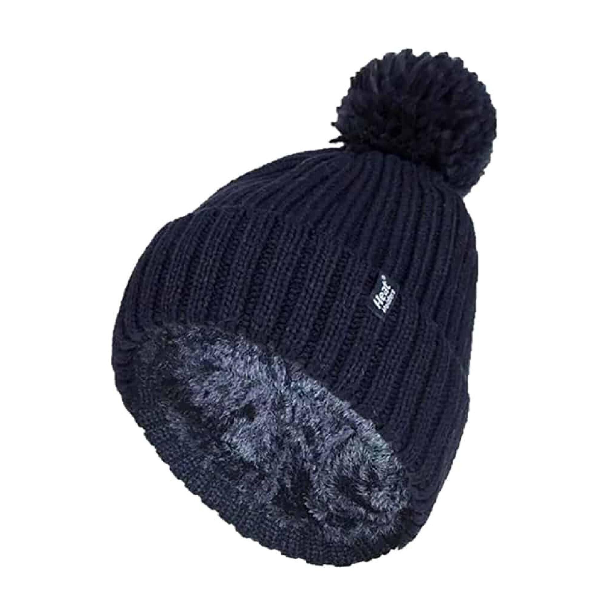 HEAT HOLDERS Ladies Ribbed Cuffed Thermal Insulated Winter Pom Pom Bobble Hat