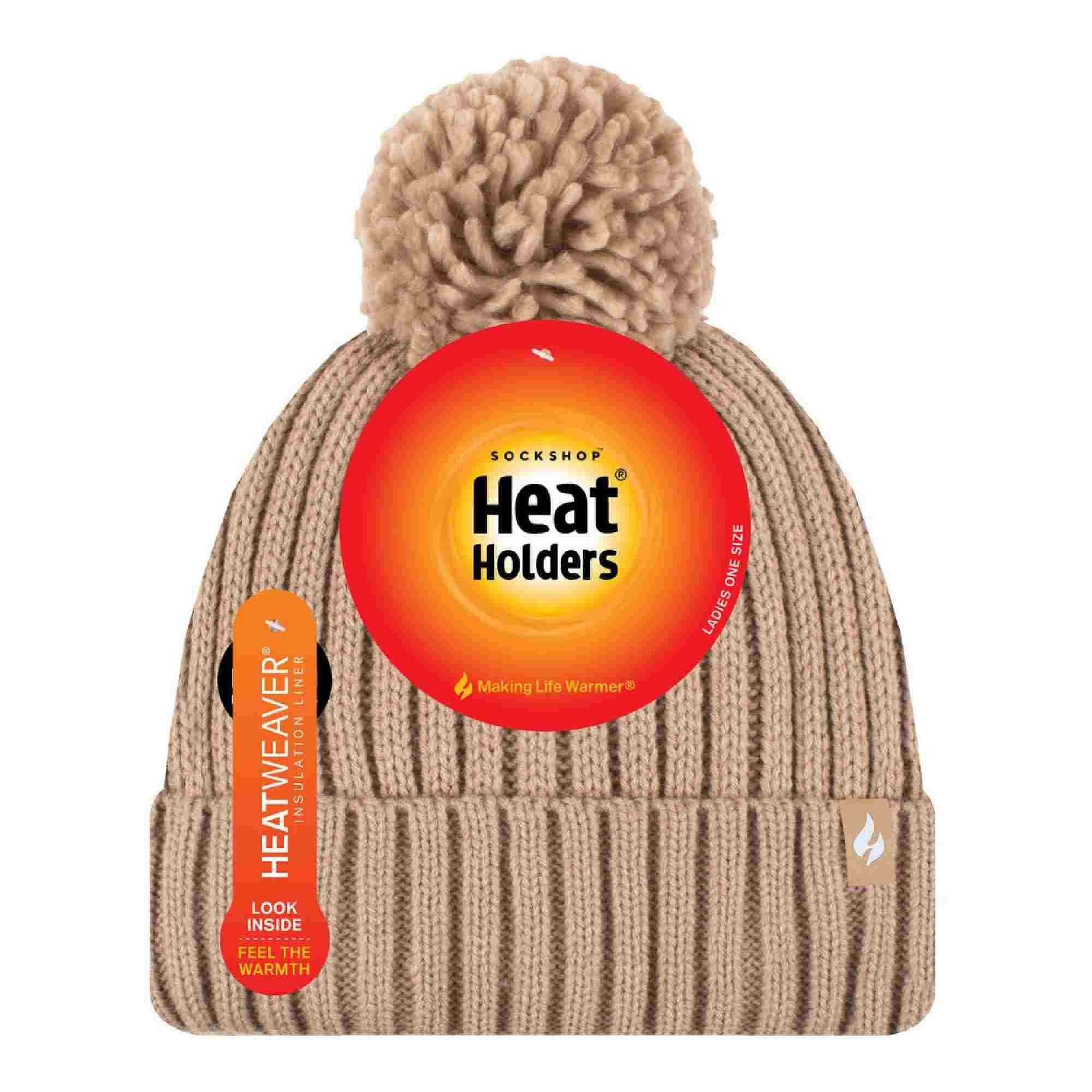 Ladies Ribbed Cuffed Thermal Insulated Winter Pom Pom Bobble Hat 2/4