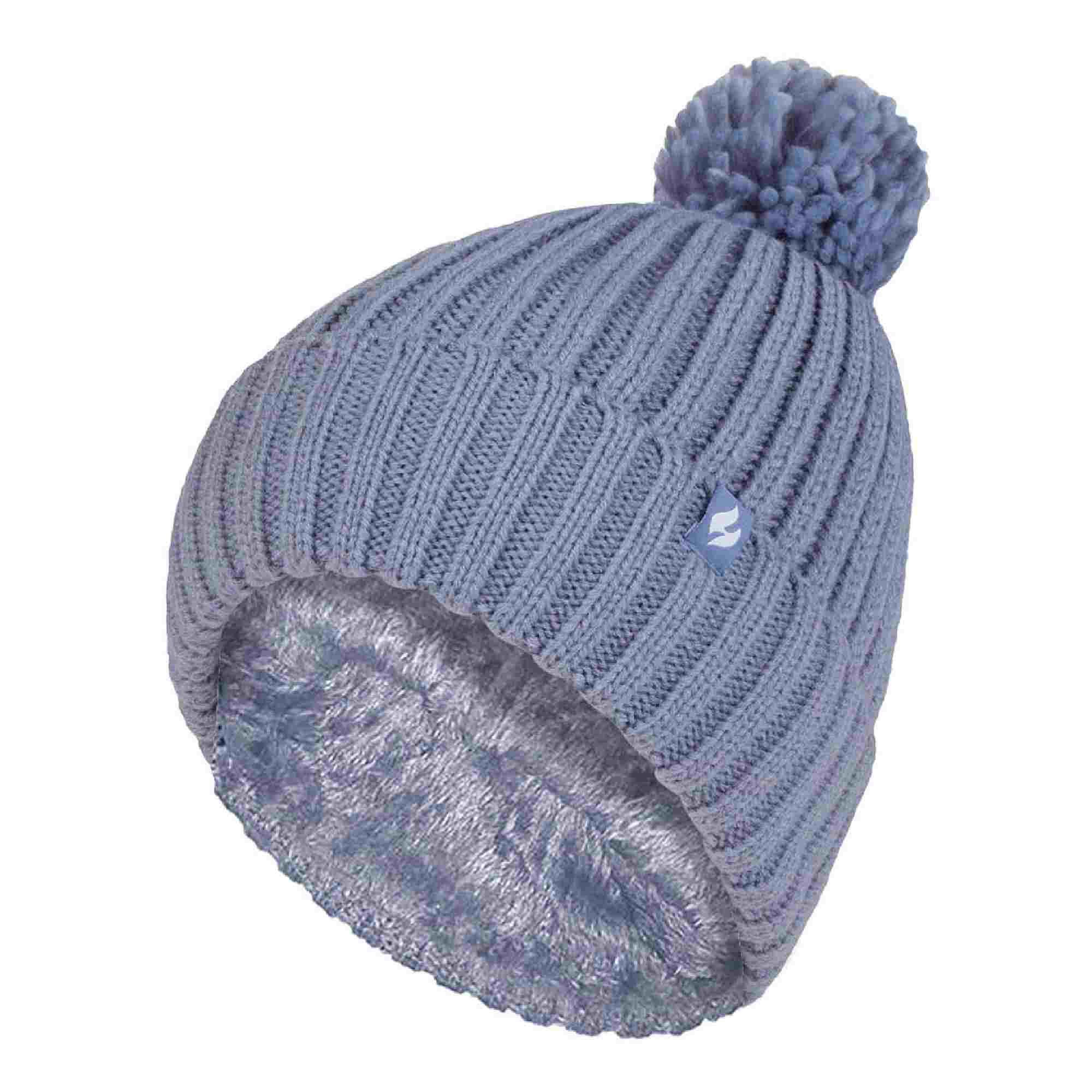 HEAT HOLDERS Ladies Ribbed Cuffed Thermal Insulated Winter Pom Pom Bobble Hat