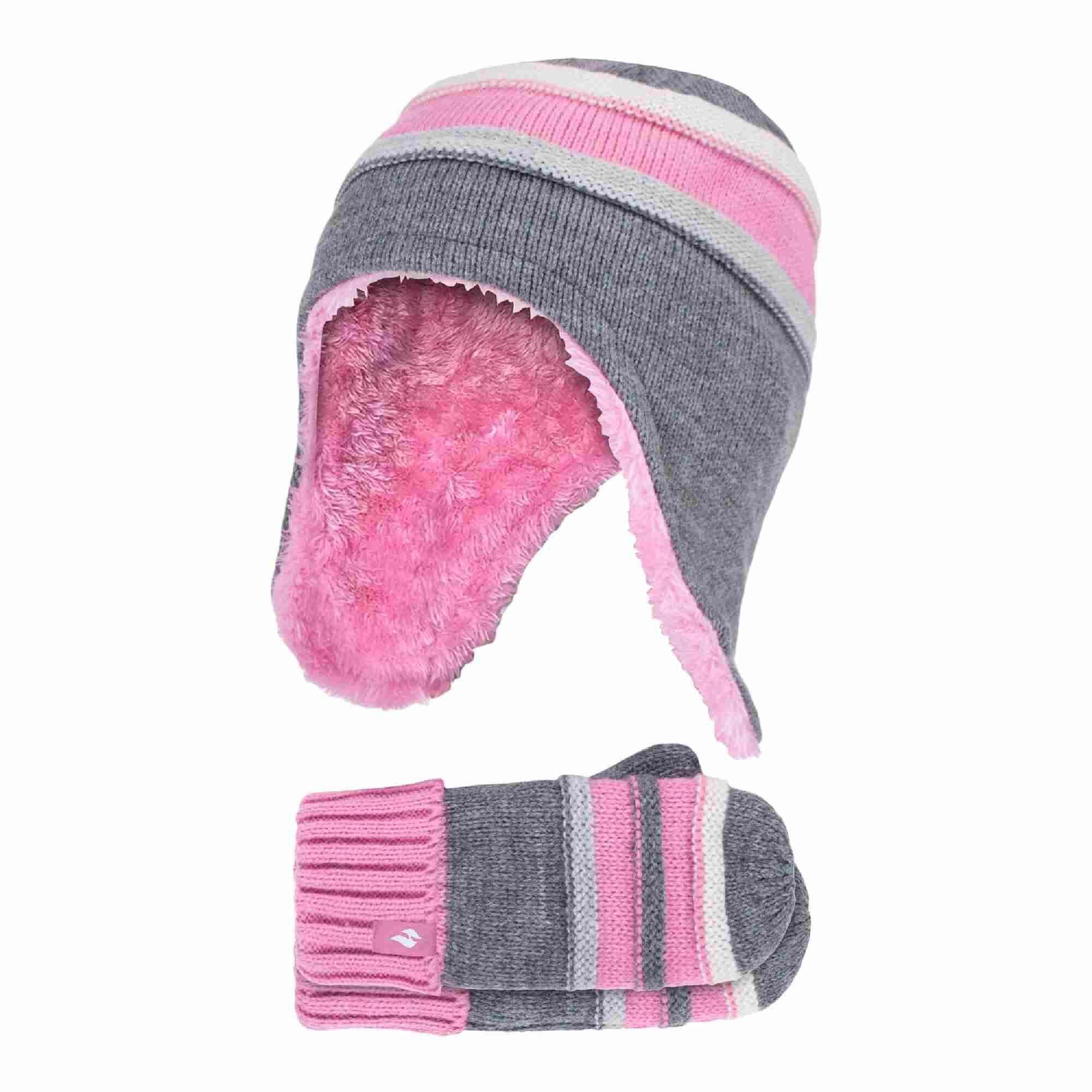 HEAT HOLDERS Girls Winter Warm Pom Pom Bobble Beanie Hat and Mittens Set