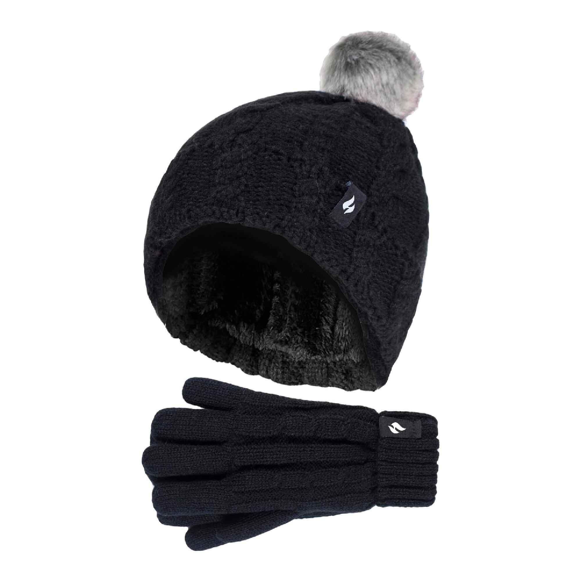 HEAT HOLDERS Girls Bobble Pom Pom Thermal Hat and Gloves Set