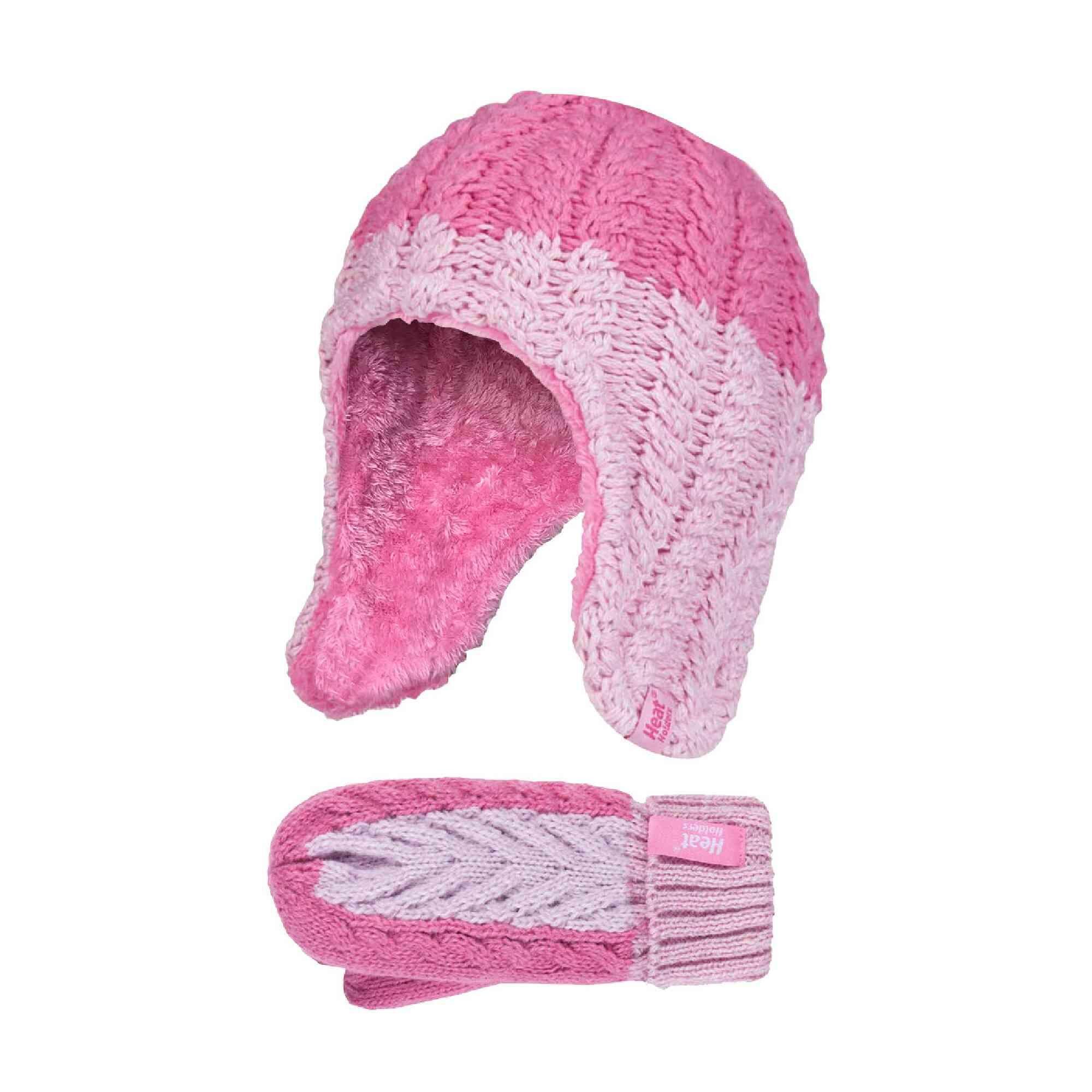HEAT HOLDERS Kids Winter Warm Fleece Lined Thermal Beanie Hat and Mittens with Ear Flaps