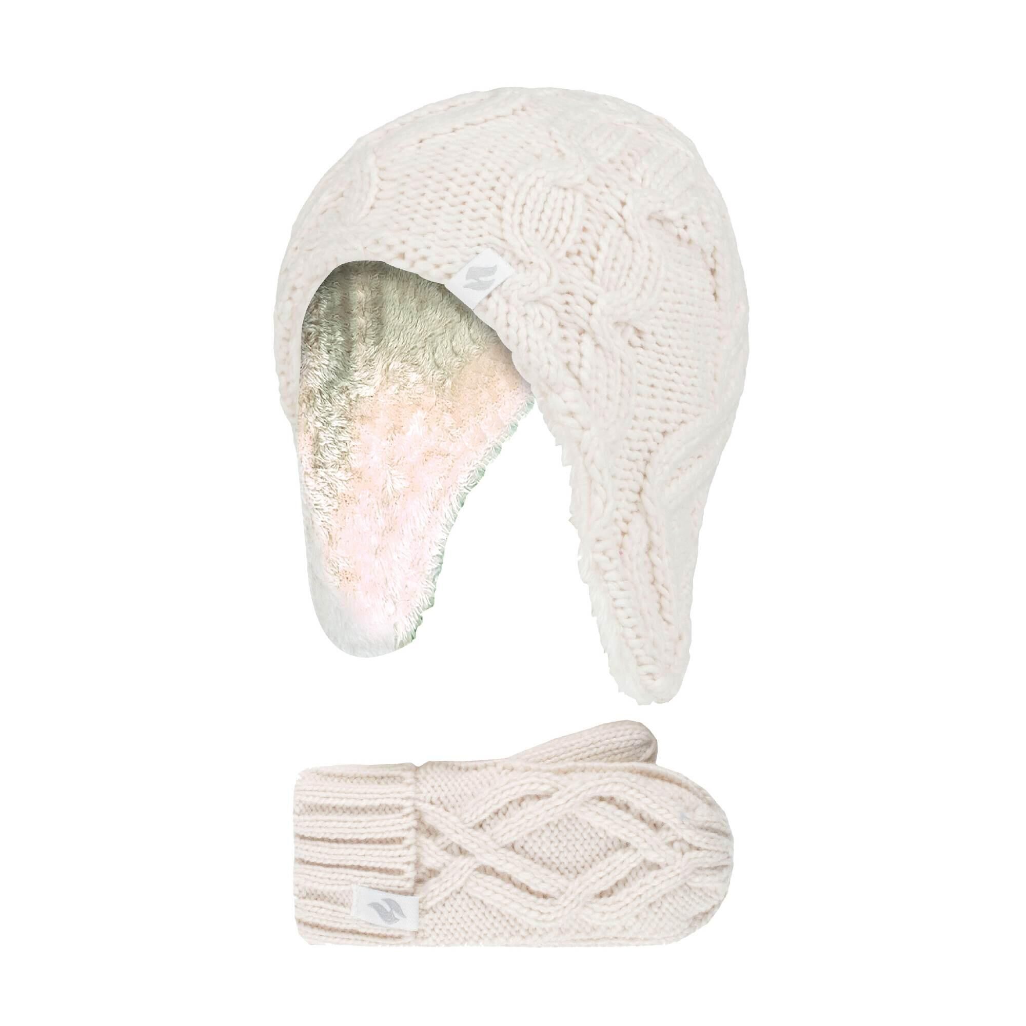 HEAT HOLDERS Girls Cable Knitted Design Bobble Trapper Hat and Mittens Set