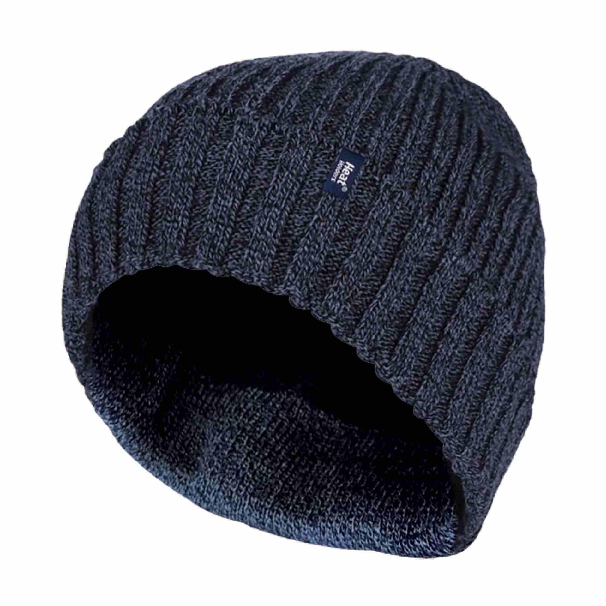 Mens Ribbed Knit Fleece Lined Turn Over Cuff Thermal Beanie Hat