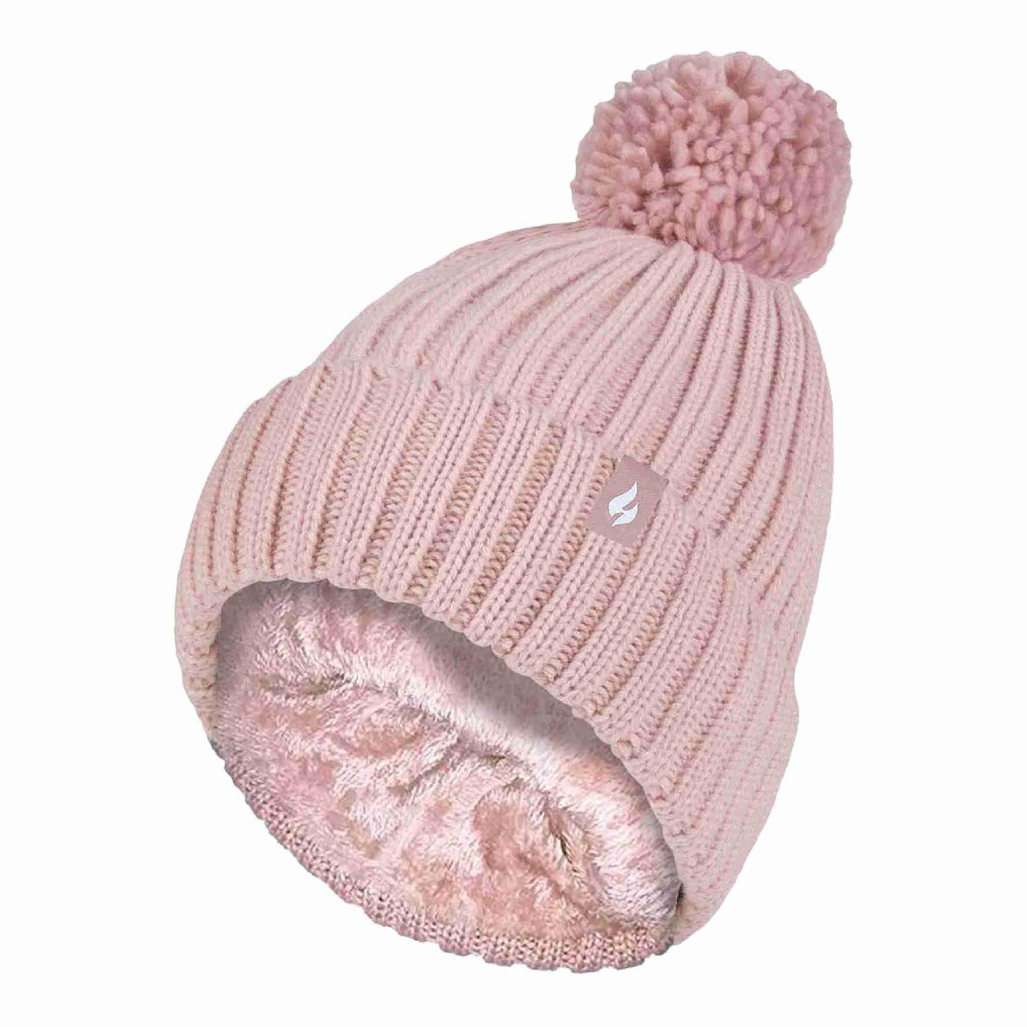 HEAT HOLDERS Ladies Ribbed Cuffed Thermal Insulated Winter Pom Pom Bobble Hat