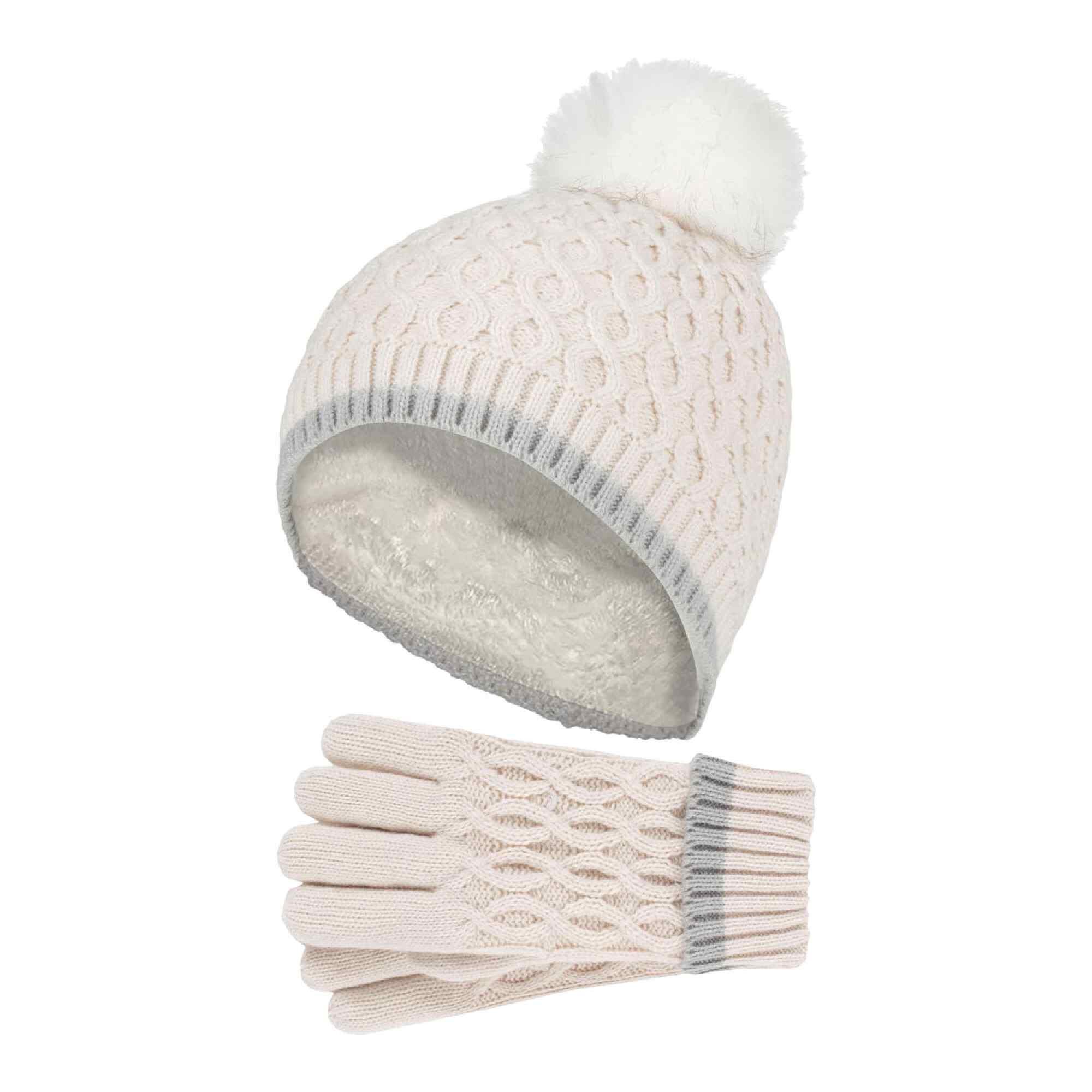 Girls Thermal Insulated Pom Pom Bobble Beanie Hat and Gloves 1/3