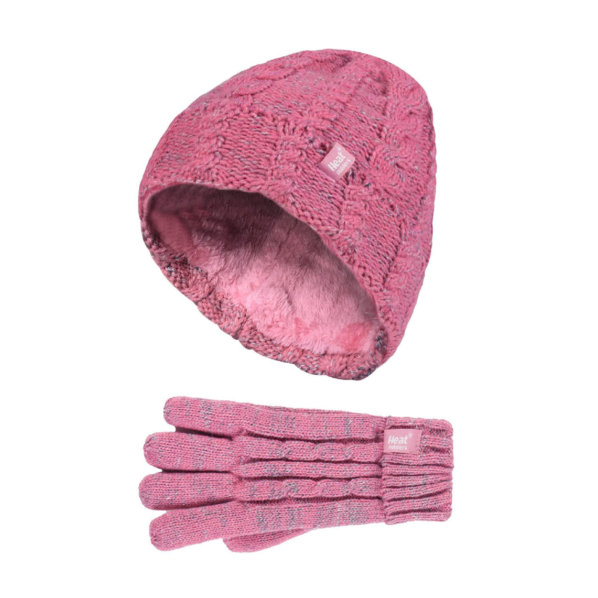 HEAT HOLDERS Kids Girls Cable Knitted Warm Fleece Lined Winter Hat and Gloves Set with Bobble