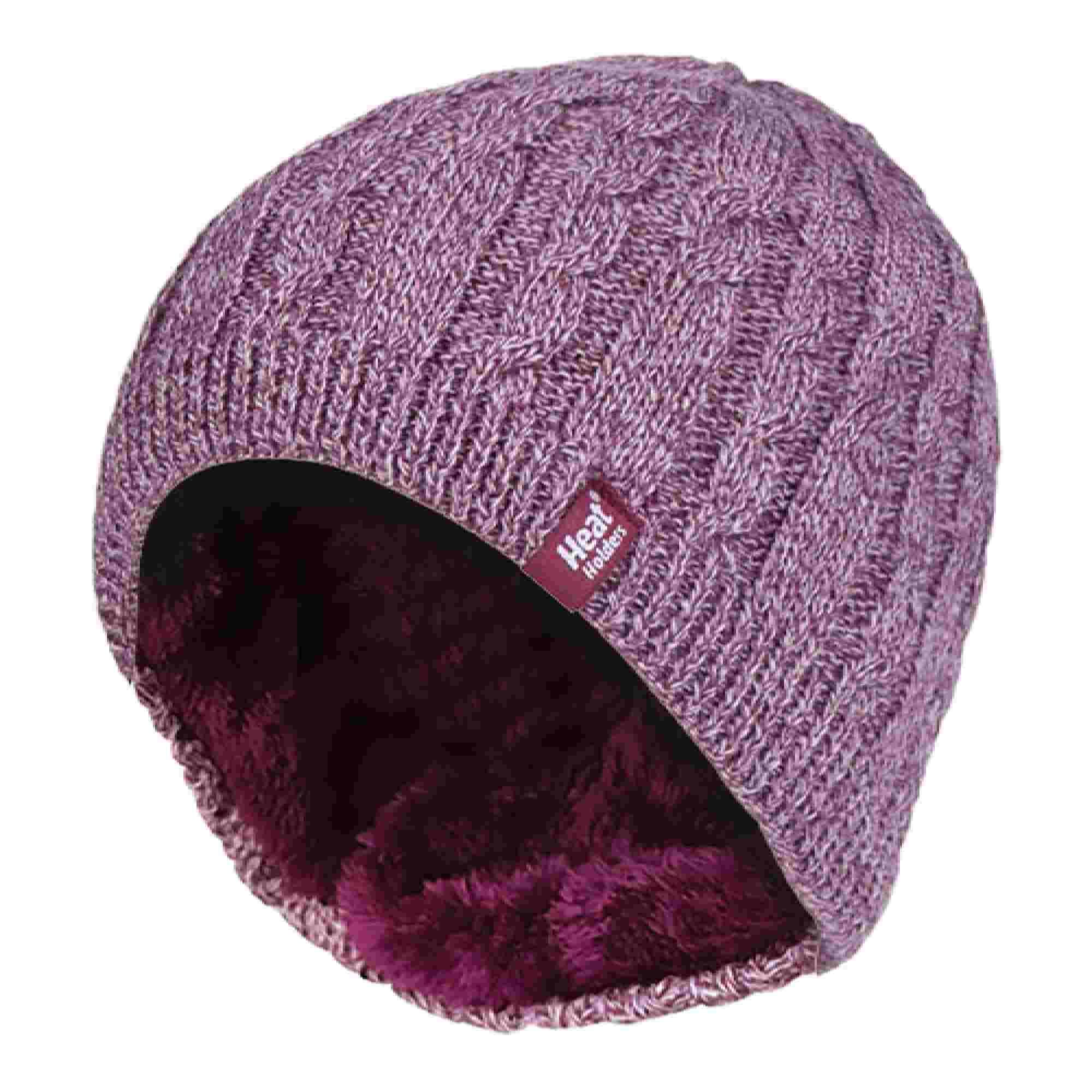 HEAT HOLDERS Womens Ribbed Cable Knit Fleece Lined Thermal Knitted Beanie Hat