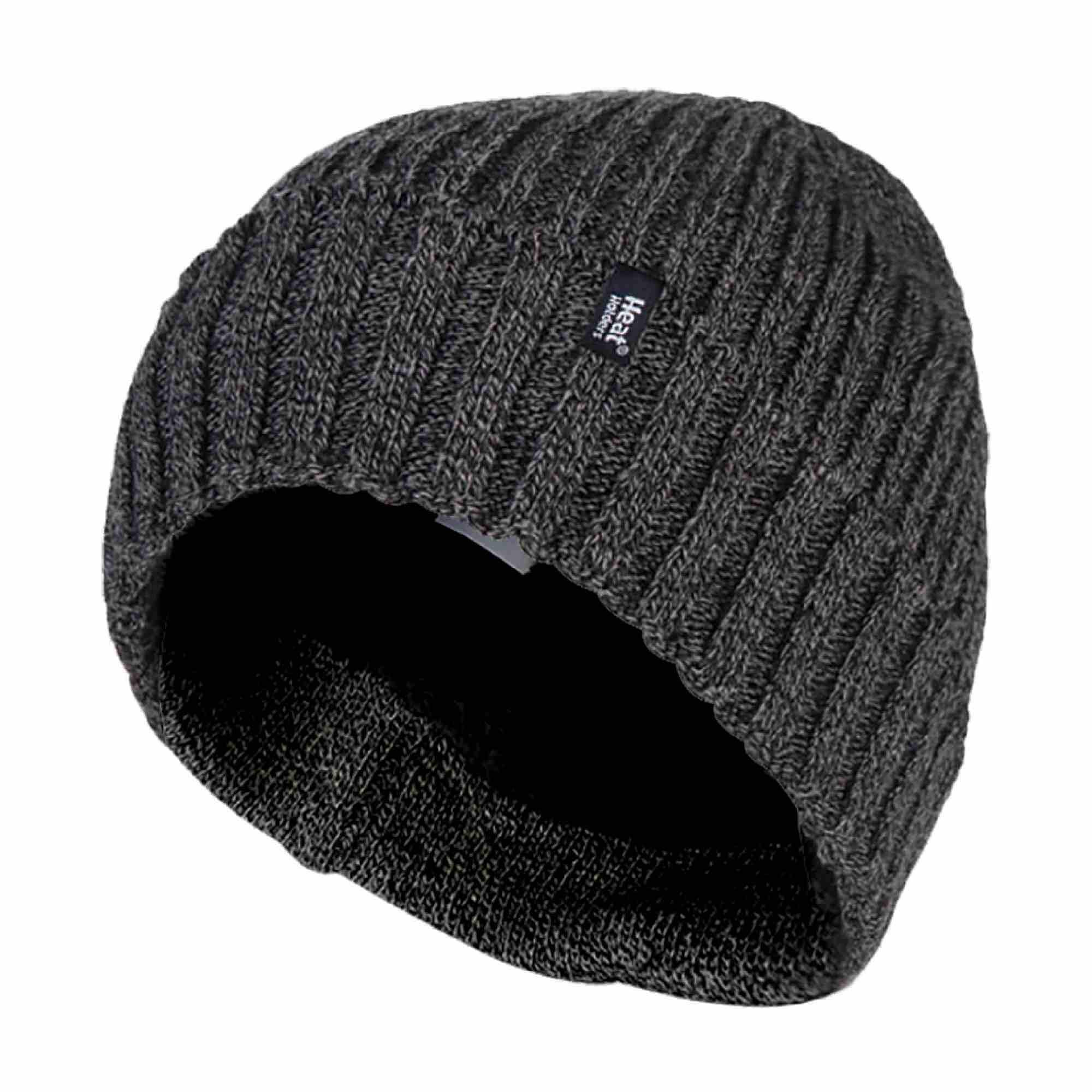 Mens Ribbed Knit Fleece Lined Warm Turn Over Cuff Thermal Beanie Hat 1/6