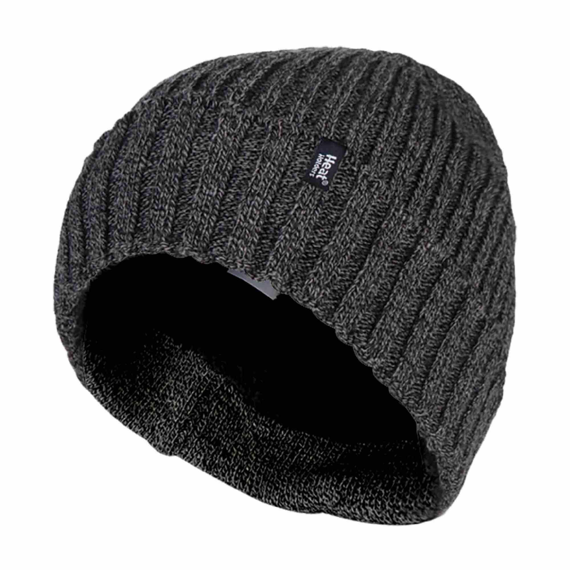 HEAT HOLDERS Mens Ribbed Knit Fleece Lined Warm Turn Over Cuff Thermal Beanie Hat