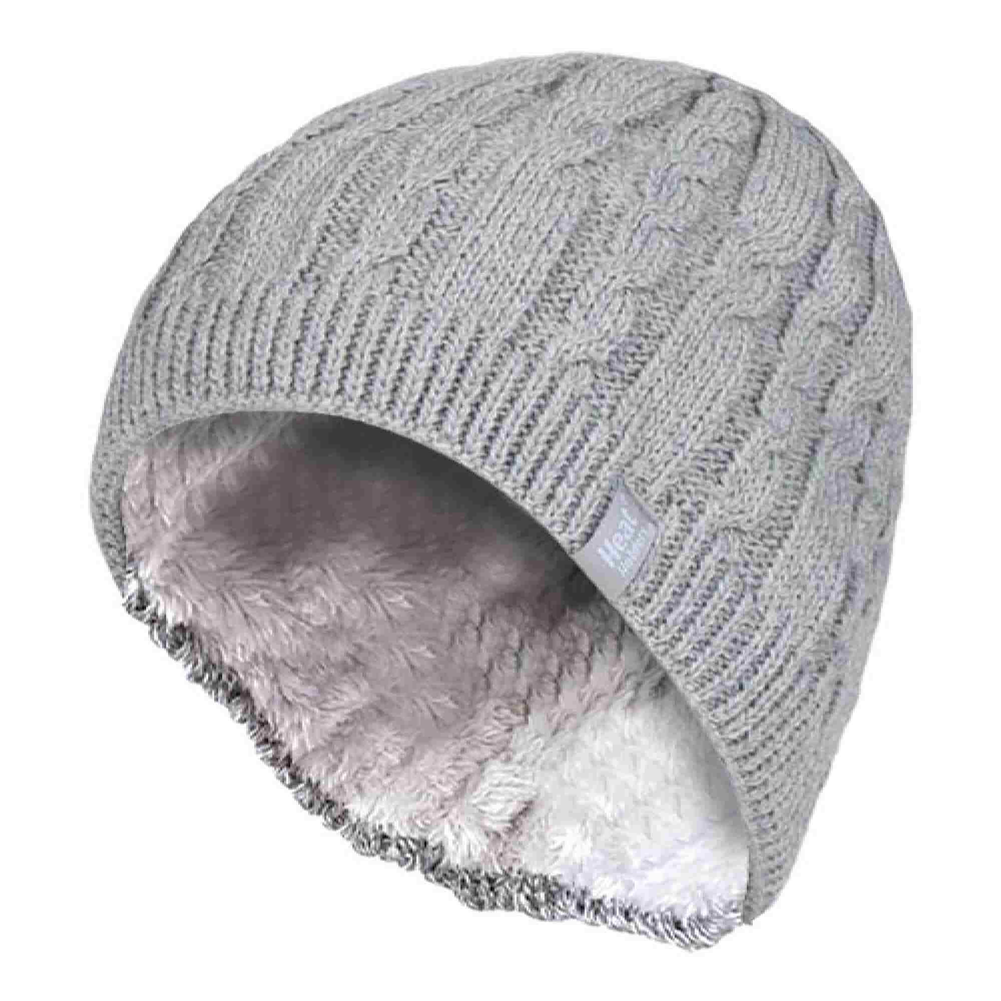 HEAT HOLDERS Womens Ribbed Cable Knit Fleece Lined Thermal Knitted Beanie Hat