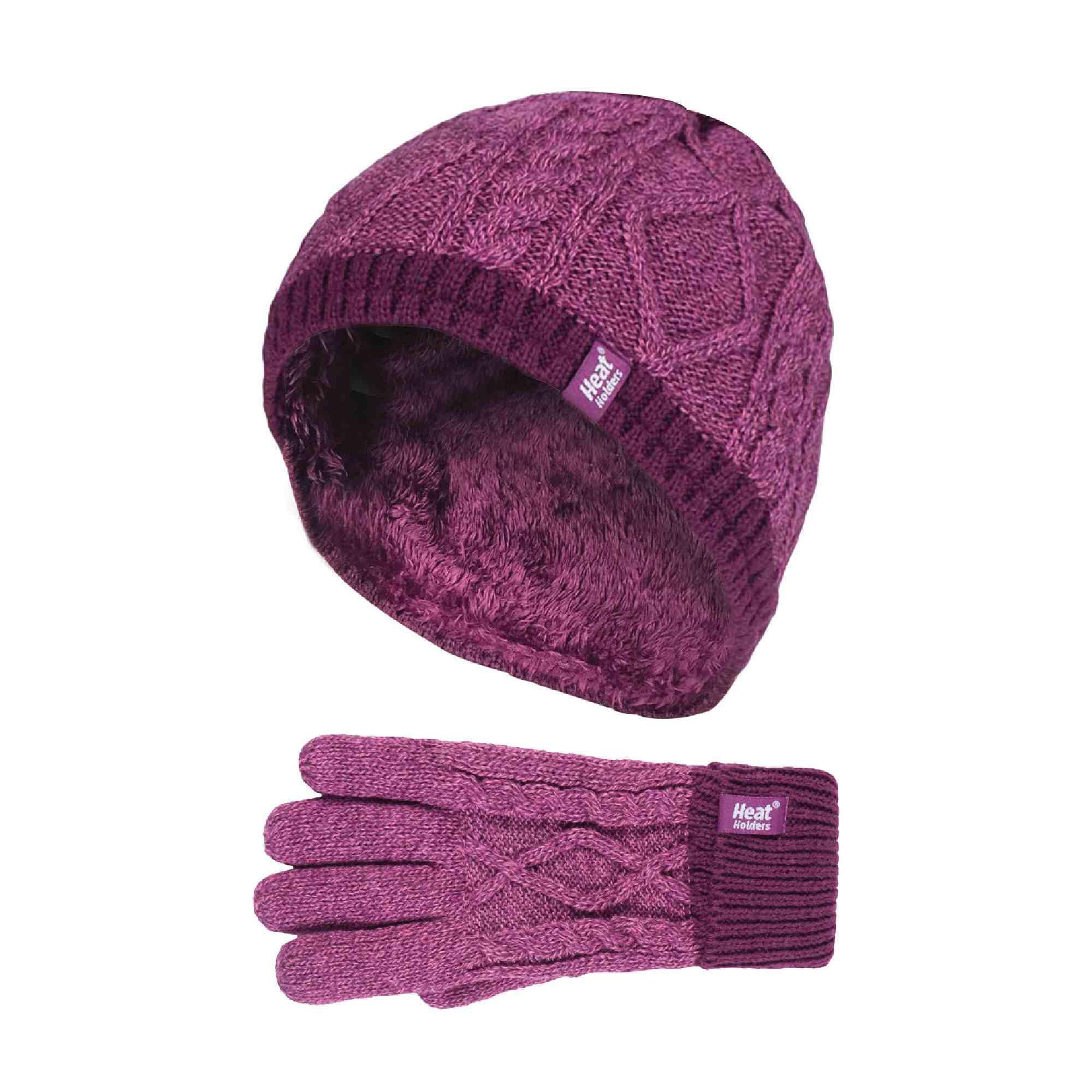 HEAT HOLDERS Kids Girls Cable Knitted Warm Fleece Lined Winter Hat and Gloves Set with Bobble