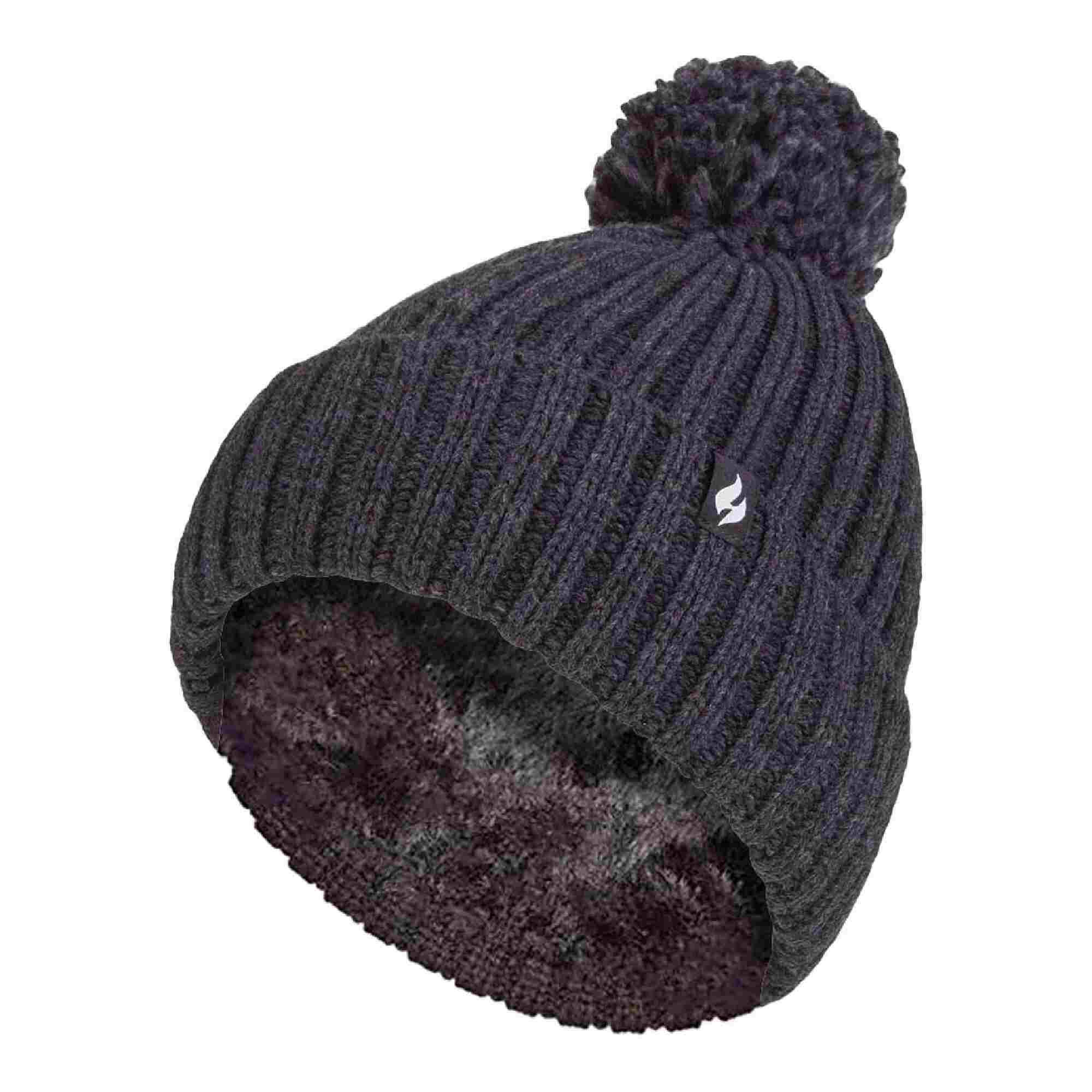 Ladies Ribbed Cuffed Thermal Insulated Winter Pom Pom Bobble Hat 1/4