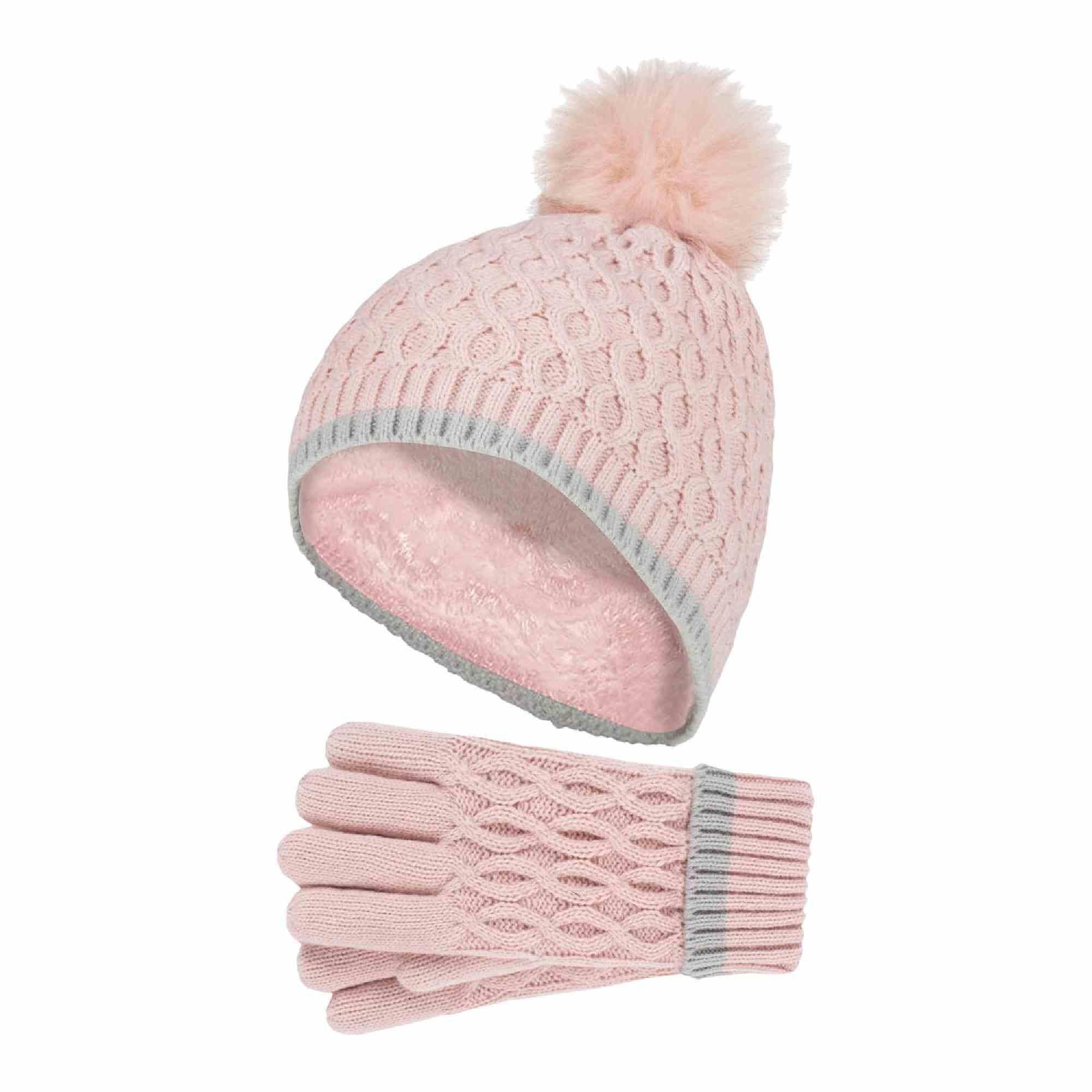 HEAT HOLDERS Girls Thermal Insulated Pom Pom Bobble Beanie Hat and Gloves