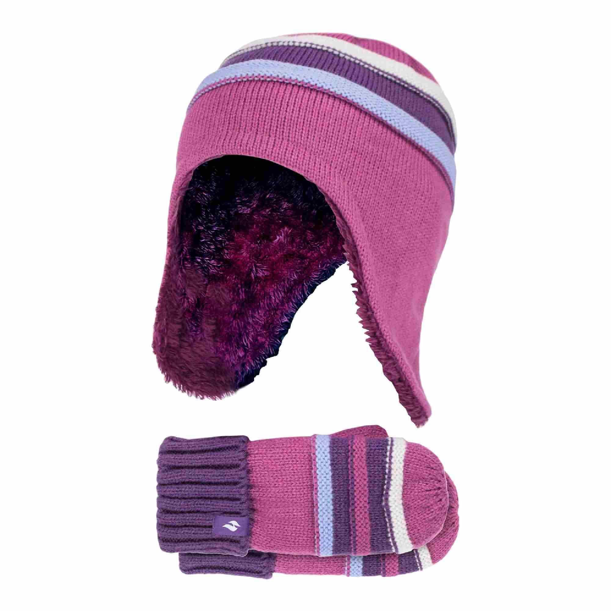 HEAT HOLDERS Girls Winter Warm Pom Pom Bobble Beanie Hat and Mittens Set