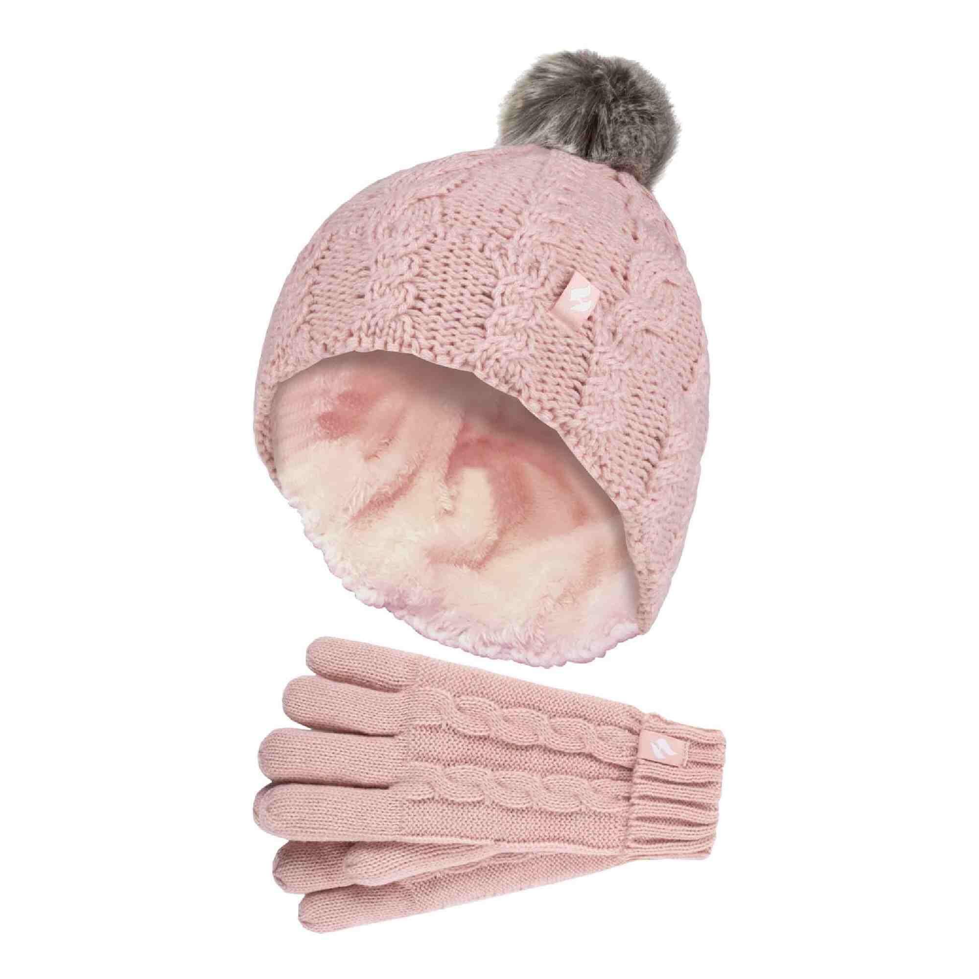 HEAT HOLDERS Girls Bobble Pom Pom Thermal Hat and Gloves Set