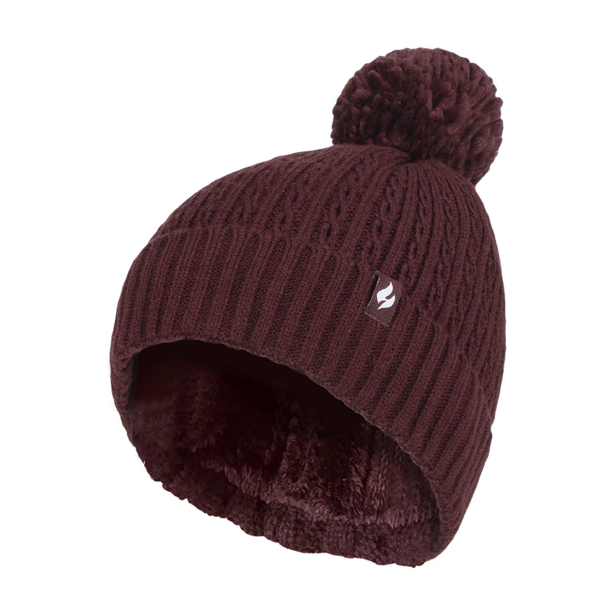 HEAT HOLDERS Ladies Winter Knitted Ribbed Thermal Cable Beanie Pom Pom Hat