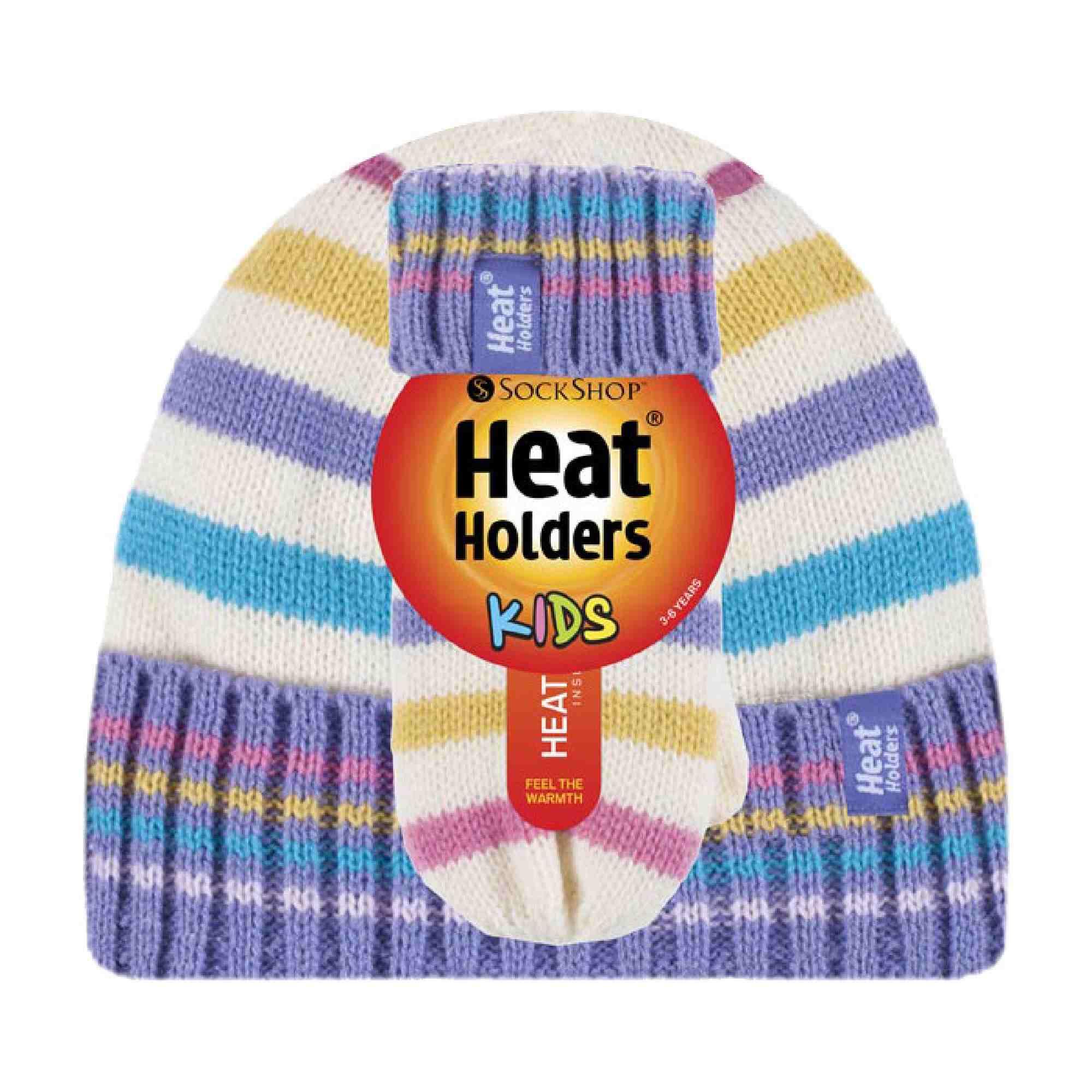 Kids Fleece Lined Knitted Striped Colourful Winter Thermal Hat and Mittens Set 2/4