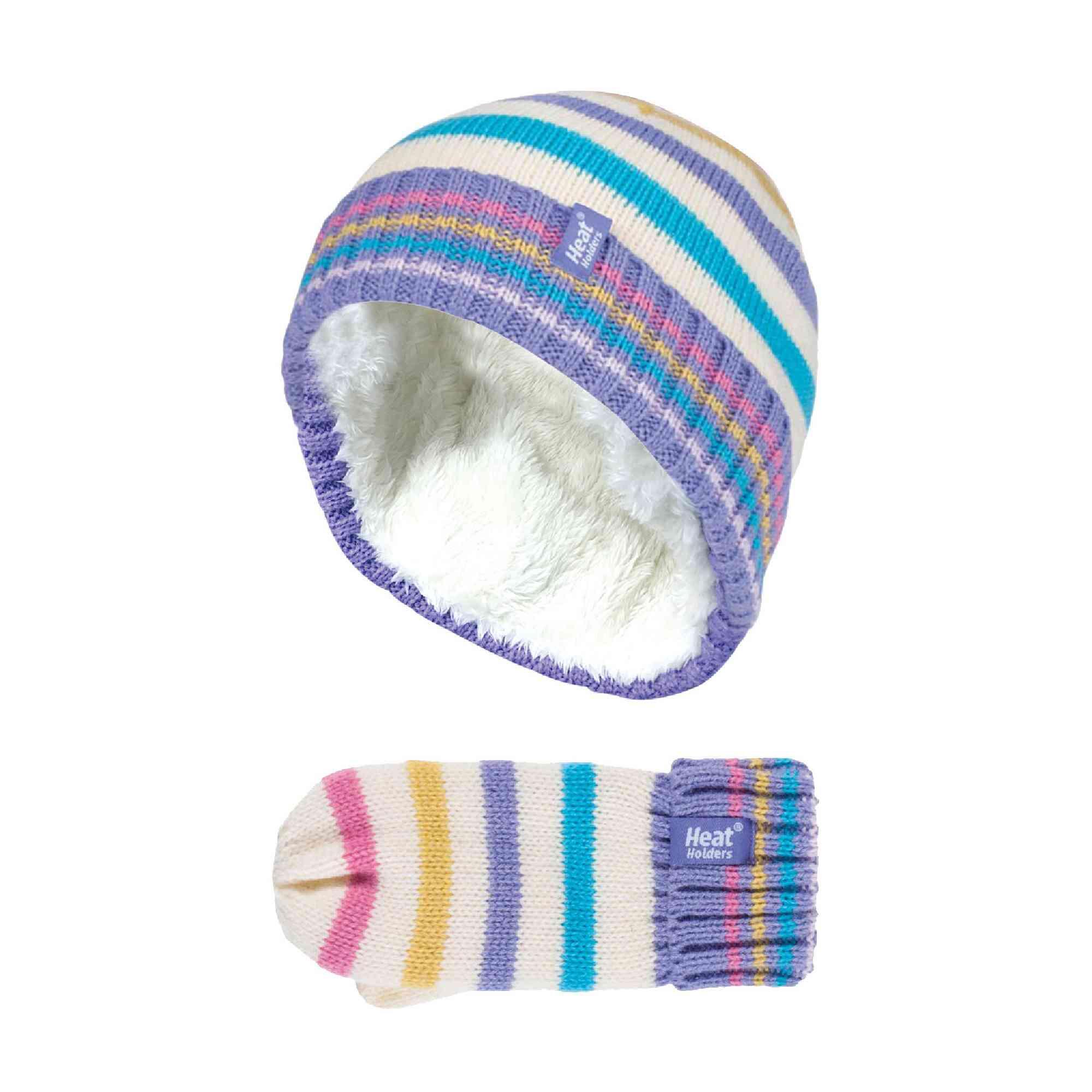 HEAT HOLDERS Kids Fleece Lined Knitted Striped Colourful Winter Thermal Hat and Mittens Set