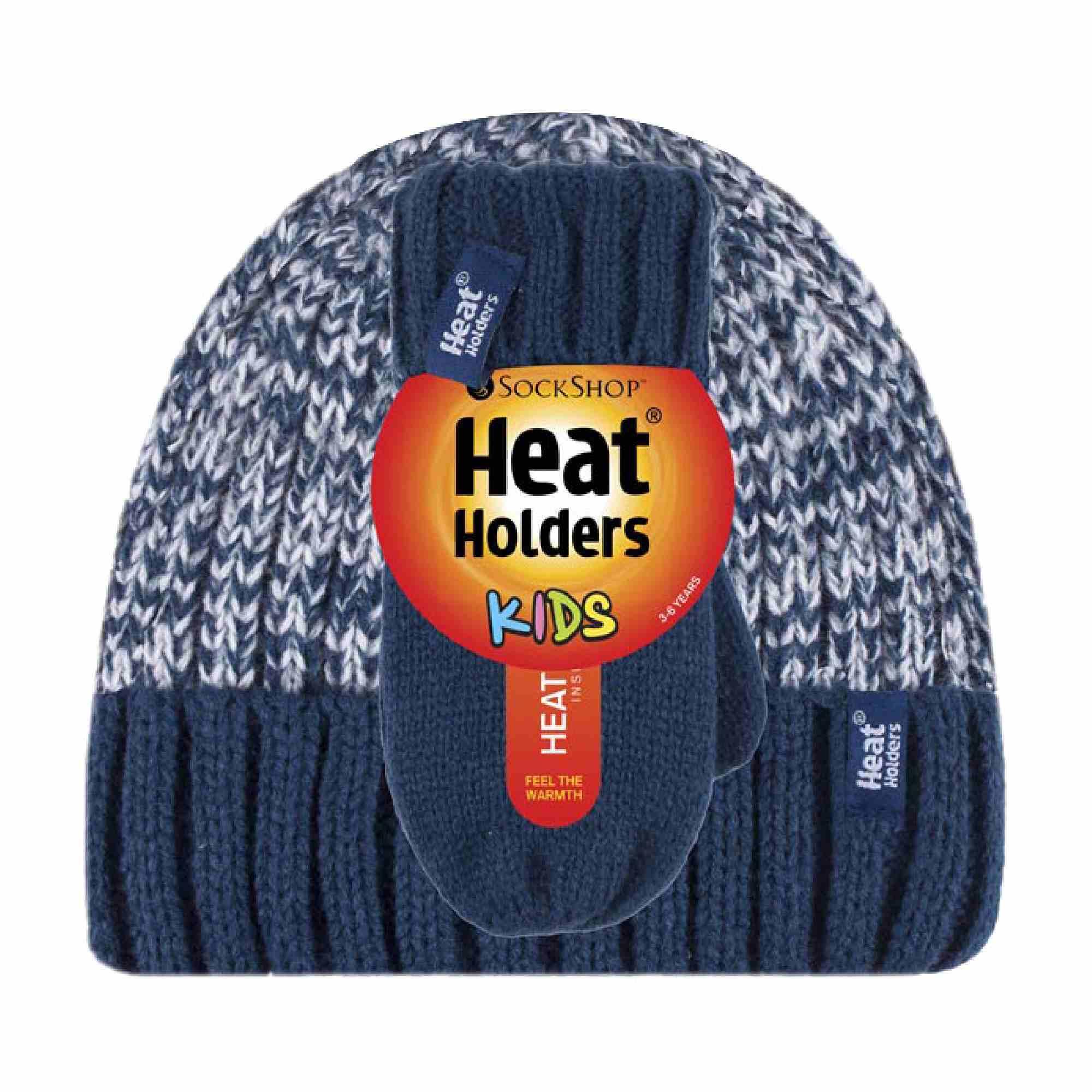Kids Boys Winter Knitted Thermal Fleece Lined Cuffed Beanie Hat and Mittens Set 2/4