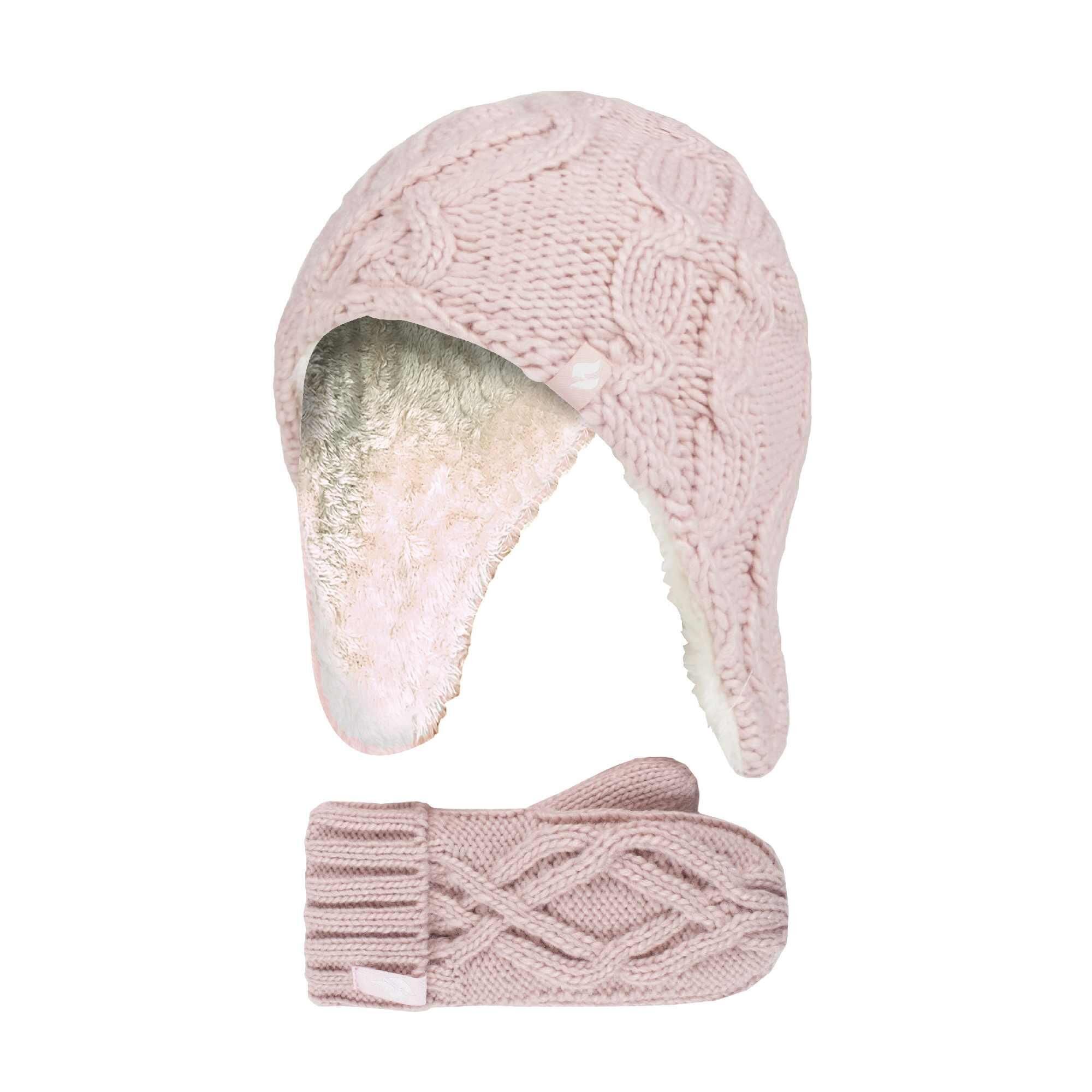 HEAT HOLDERS Girls Cable Knitted Design Bobble Trapper Hat and Mittens Set