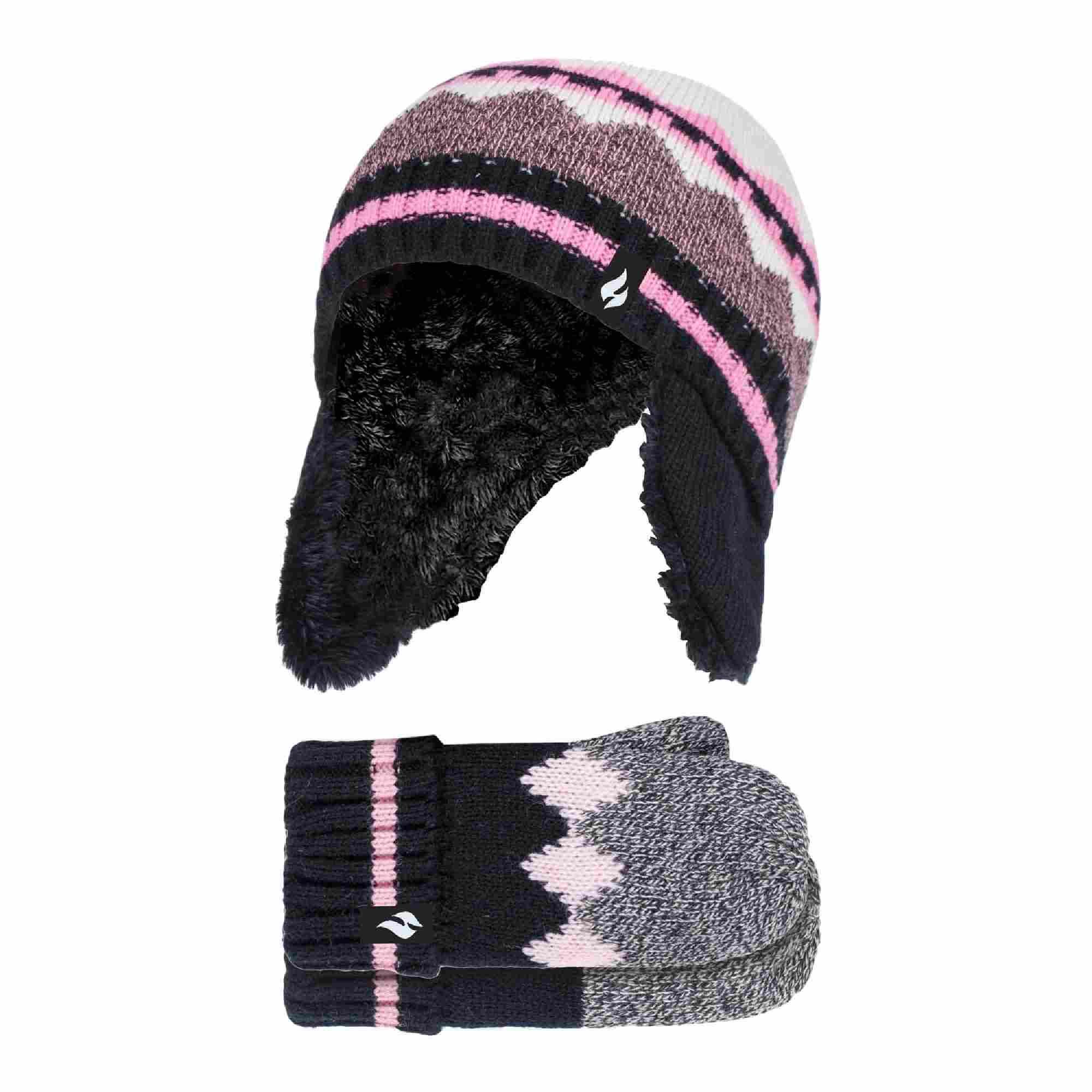 Girls Nordic Pattern Trapper Hat with Pom Pom and Mittens Set