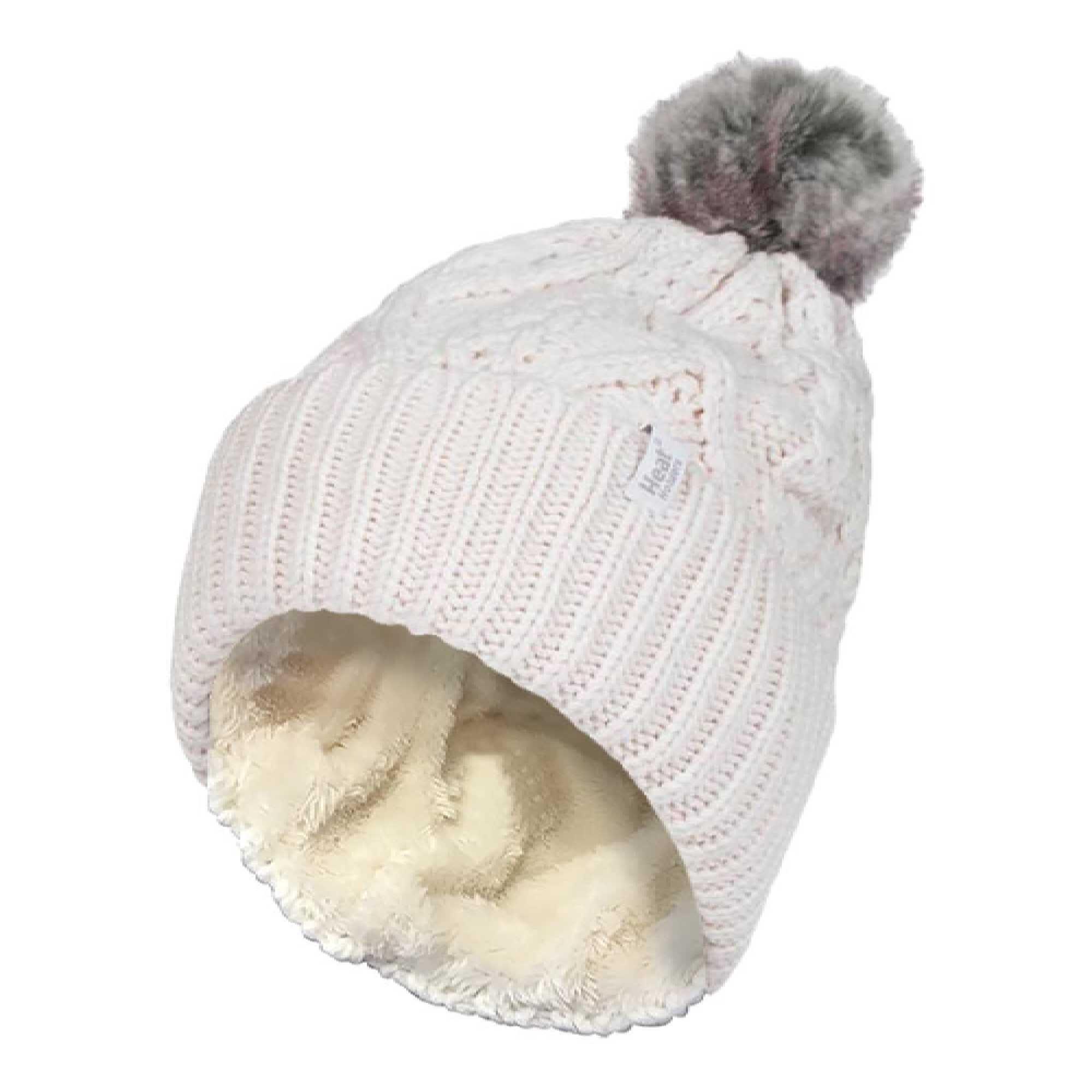 Ladies Ribbed Cuffed Pom Pom Bobble Beanie Hat with Fleece Lining 1/4