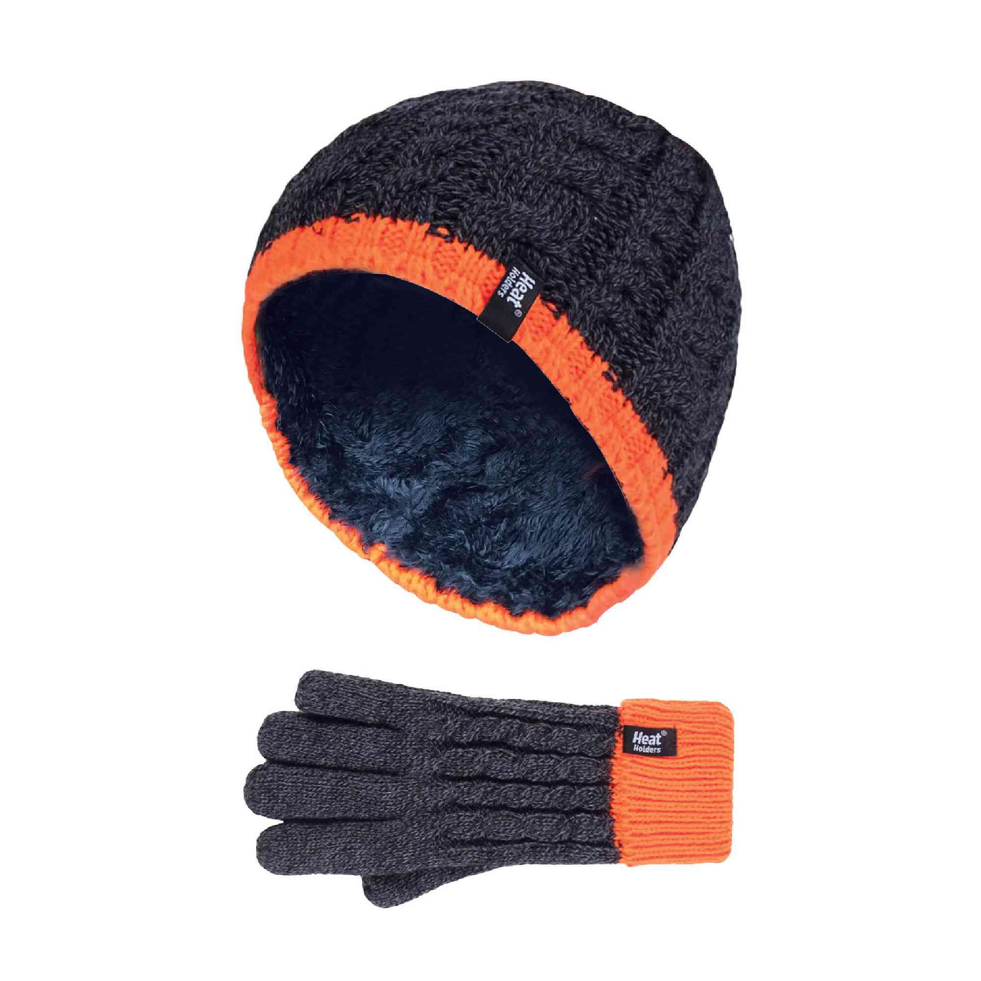 Boys Kids Cable Knit Warm Fleece Lined Thermal Winter Hat and Gloves Set 1/4