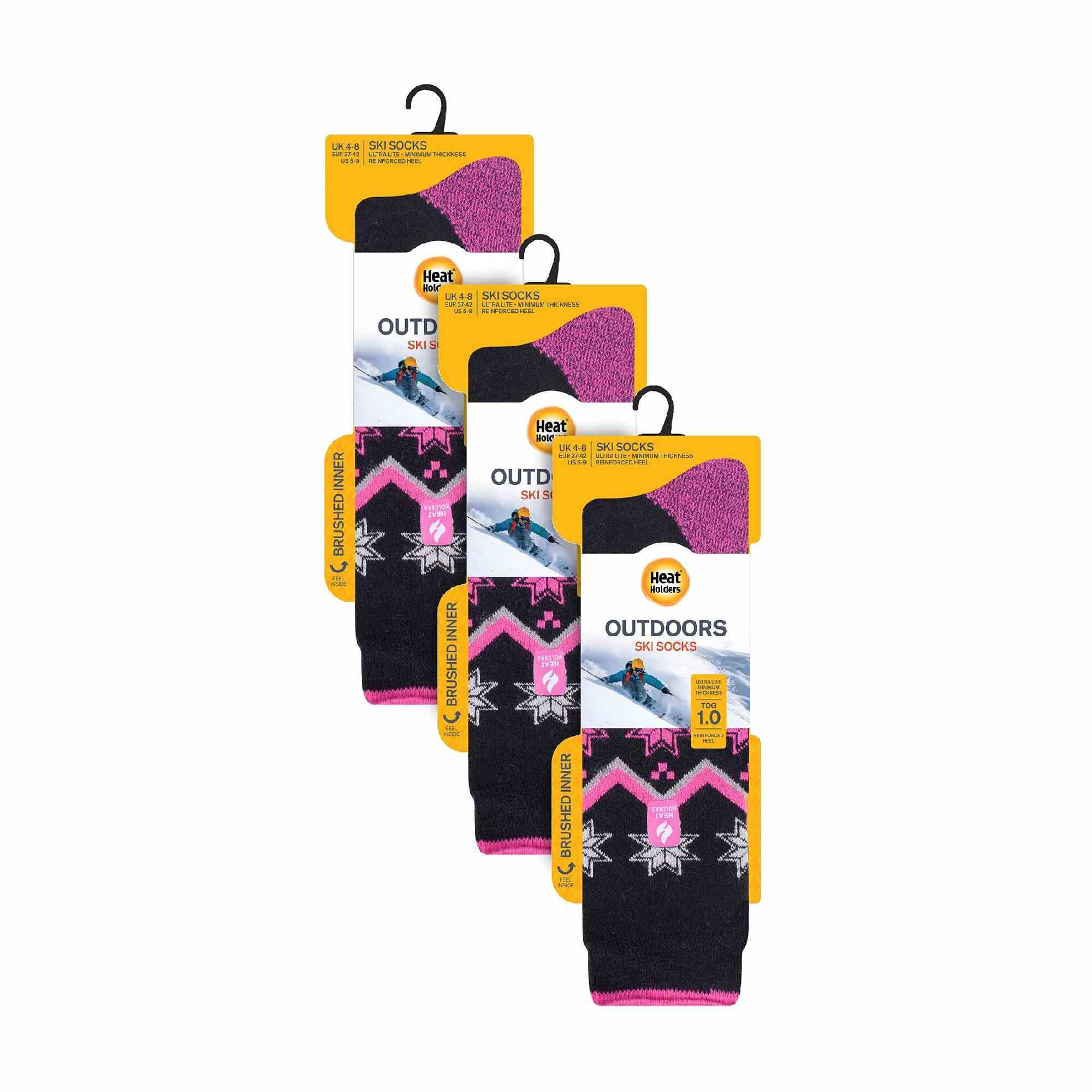 3 Pack Ladies Patterned Lightweight Thin 1.0 TOG Thermal Knee High Ski Socks 2/4