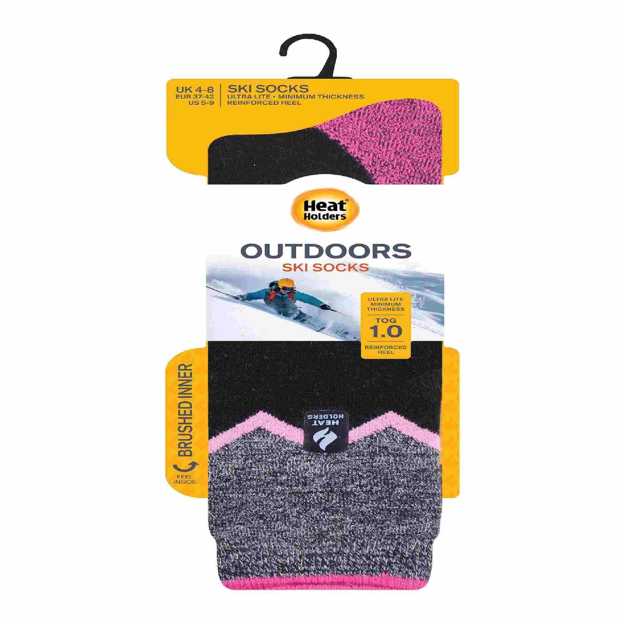 Ladies Ultra Lite Long Ski Socks - Black & Pink Fairisle – Heat Holders