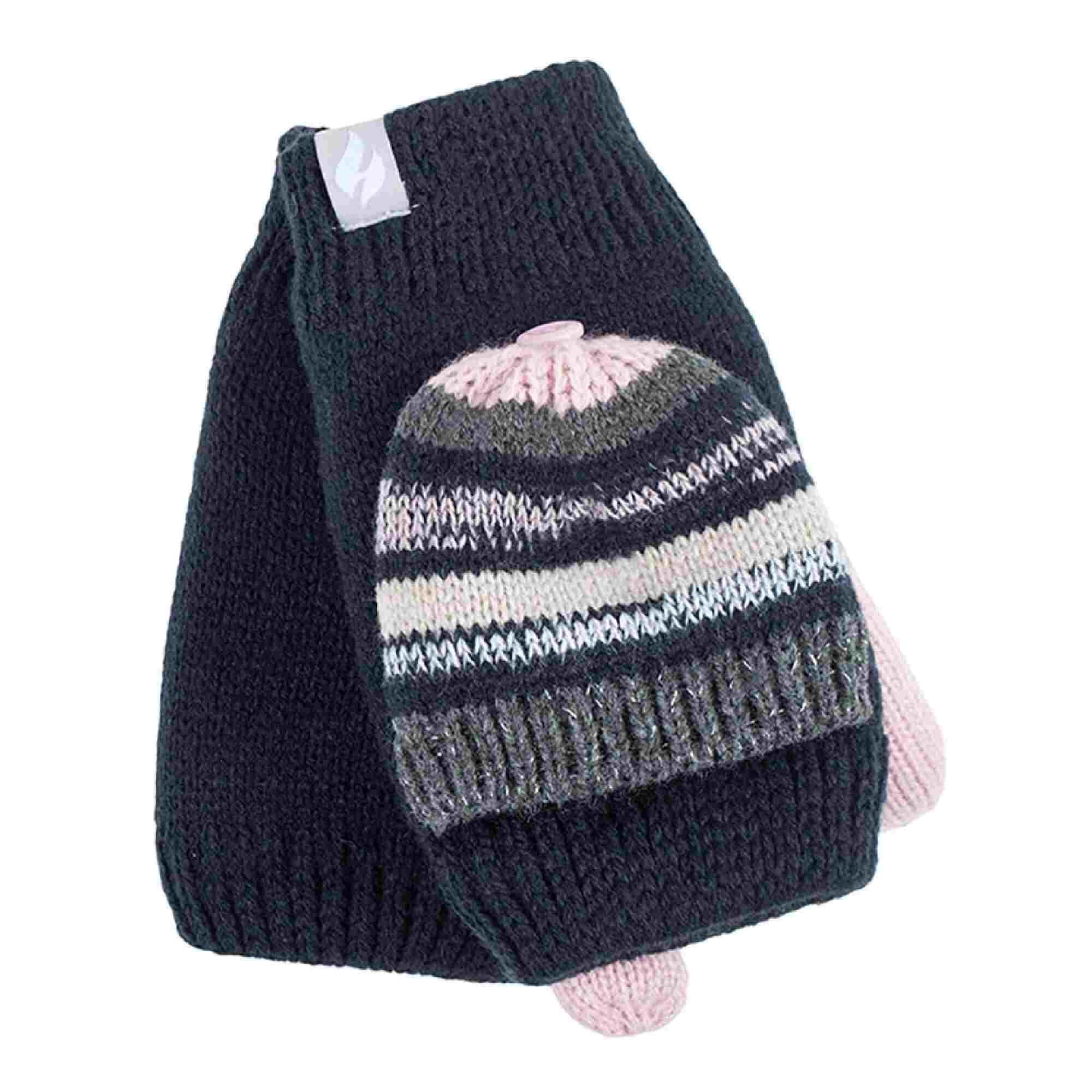 Ladies Striped Thermal Knitted Converter Mitten Gloves 1/7