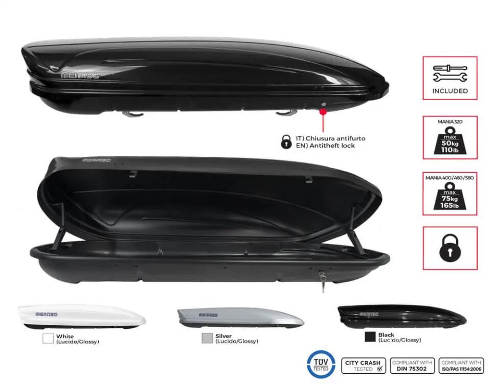 Tetőbox Menabo Mania 580 fekete – 580 l, 225 x 89 x 36 cm, 75 kg terhelhetőség 5/7