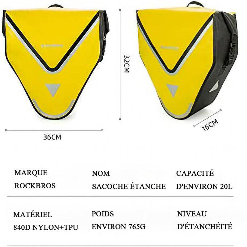 Sacoche de Vélo Arrière Porte-Bagage Étanche Sac de Rangement VTT 20 L Jaune