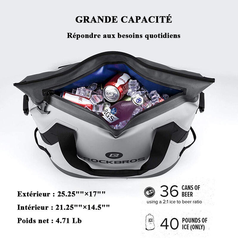 Sac Glacière souple isotherme étanche 22L Sac à Main/à Dos Gris 5/6