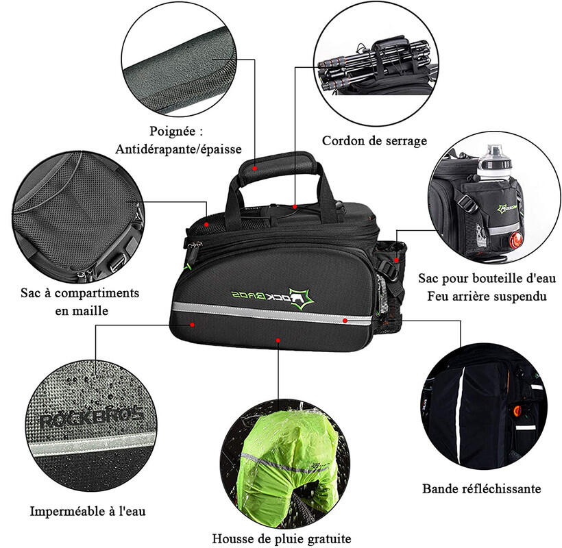 Sacoche Vélo Porte-Bagage Arrière Sac de Rangement Étanche Housse de Pluie Noir 5/7