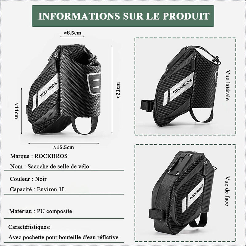 Fiets zadel tas Bike Seat Bag met fles houder zwart 1L 4/7