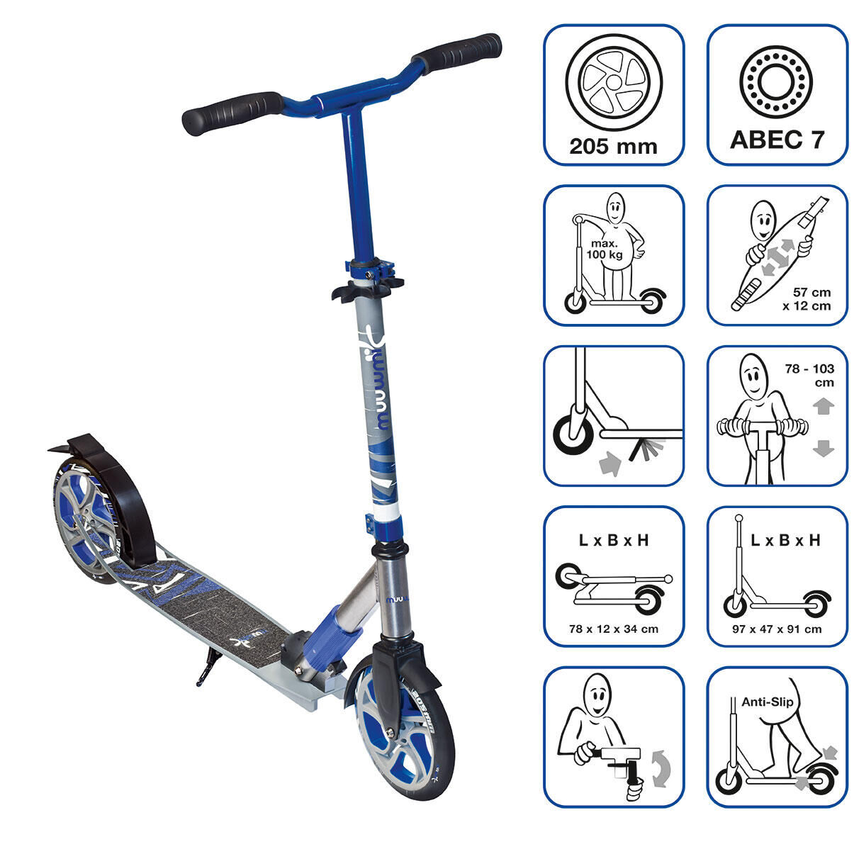 MUUWMI muuwmi Kickscooter Deluxe 205 mm grey-blue