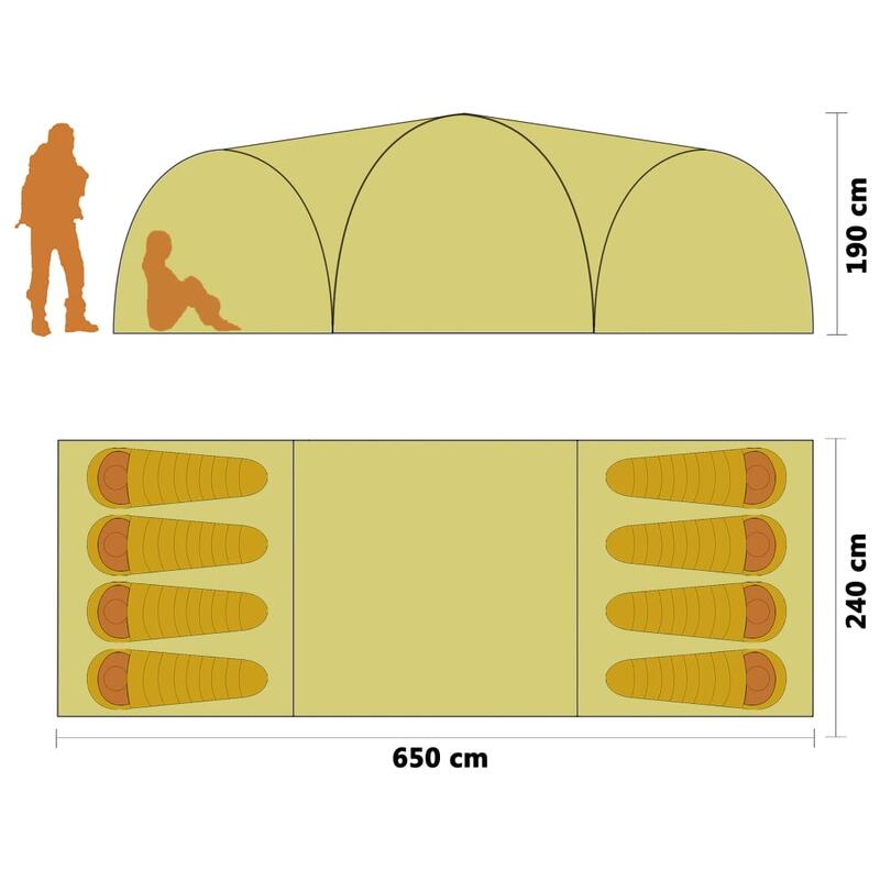 Tenda iglu de campismo 650x240x190 cm 8 pessoas amarelo