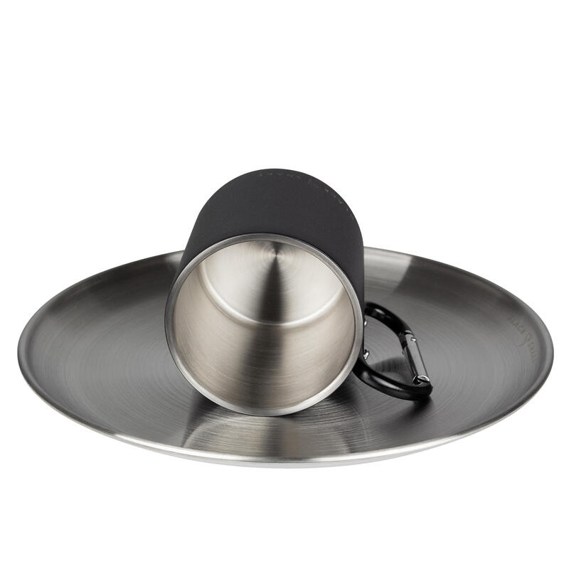 Plato llano y taza térmica con mosquetón de camping set | Acero Inoxidable