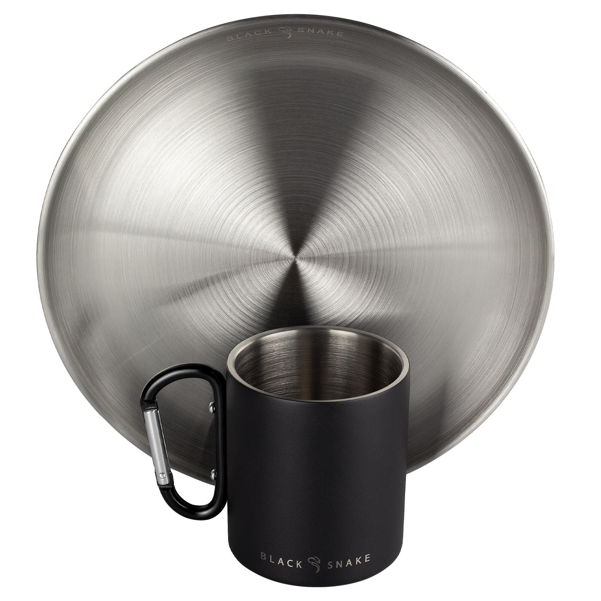 Camping Teller flach und Thermotasse Karabinerhaken Set | Edelstahl 3/9