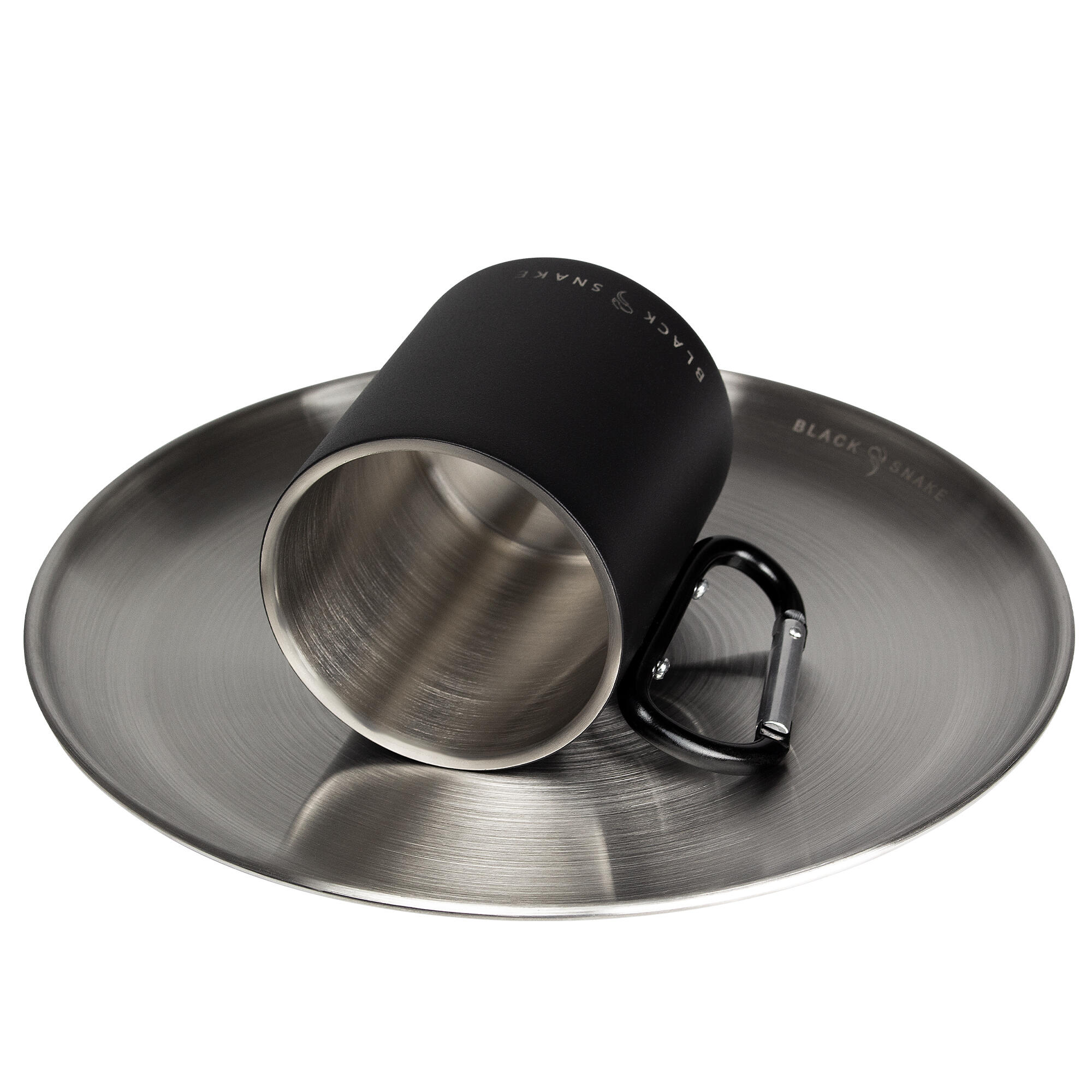 Camping Teller flach und Thermotasse Karabinerhaken Set | Edelstahl 6/9