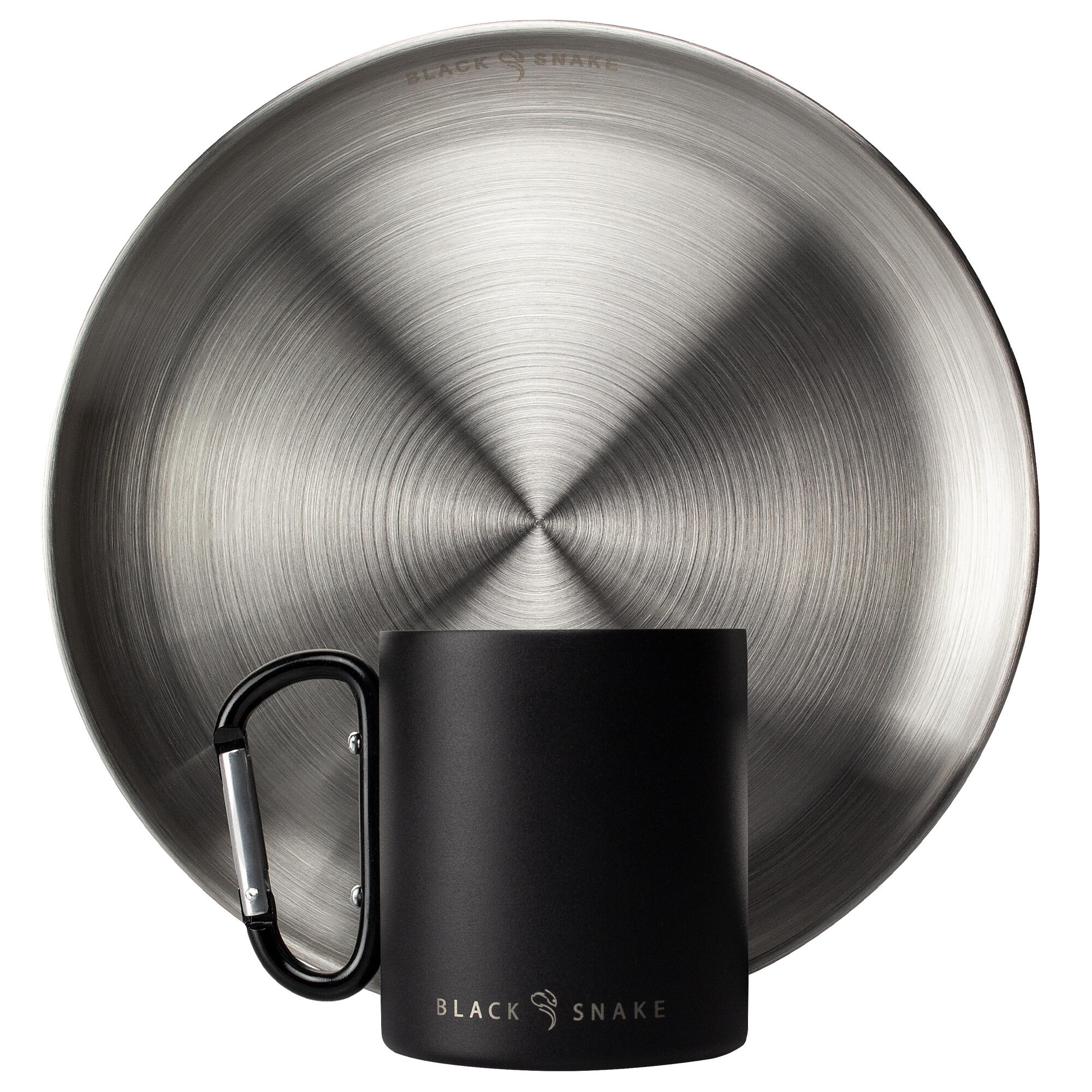 Camping Teller flach und Thermotasse Karabinerhaken Set | Edelstahl 1/9